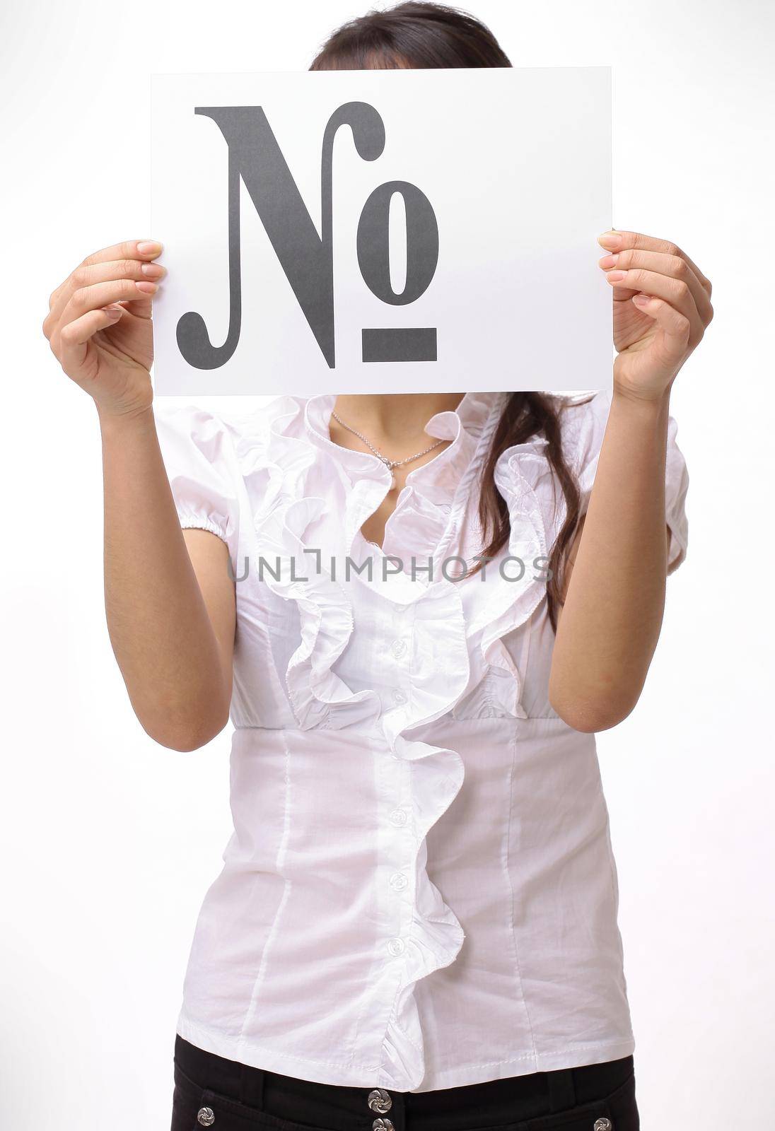 closeup. business woman showing poster with the word number . isolated on white background