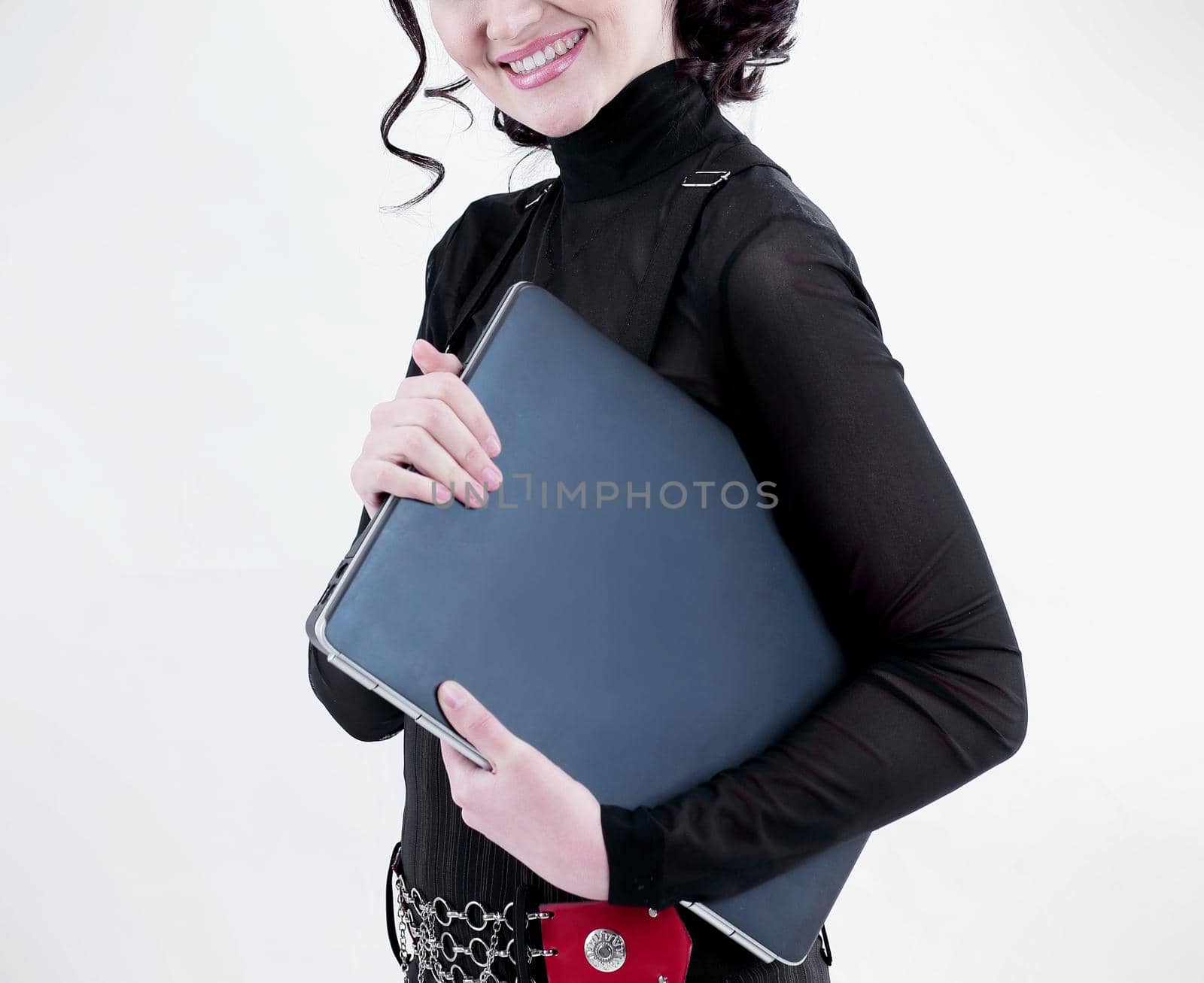 closeup.successful business woman with a laptop.isolated on white.