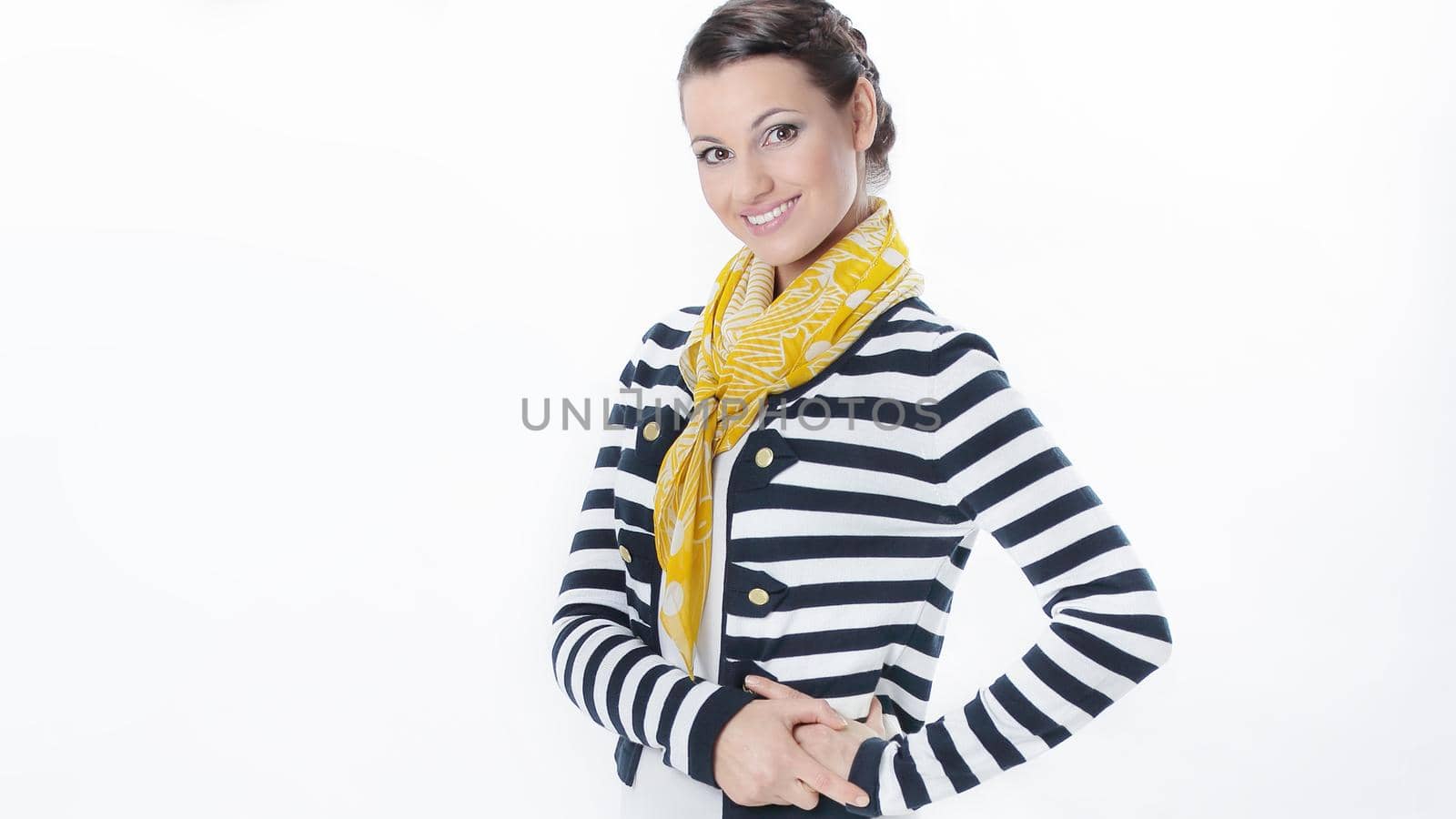 portrait of fashionable young woman in striped blouse.isolated on white background