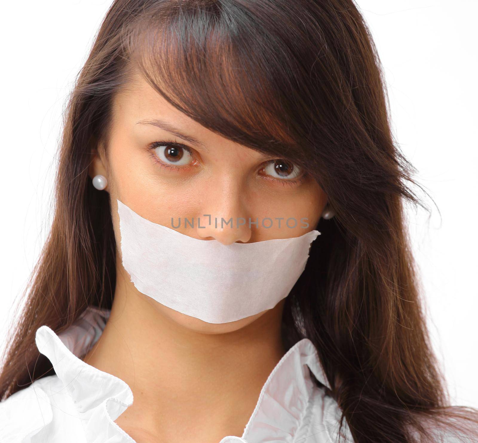 portrait of young business woman with taped mouth by SmartPhotoLab