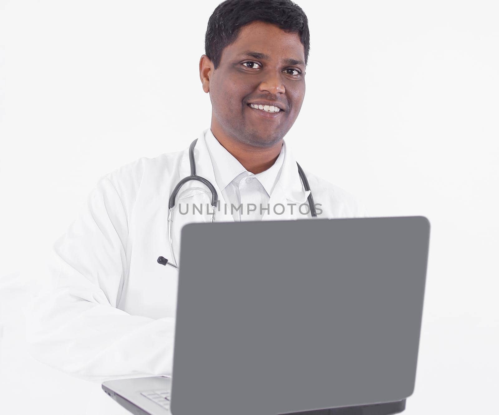 closeup.therapist working on the laptop.isolated on white background