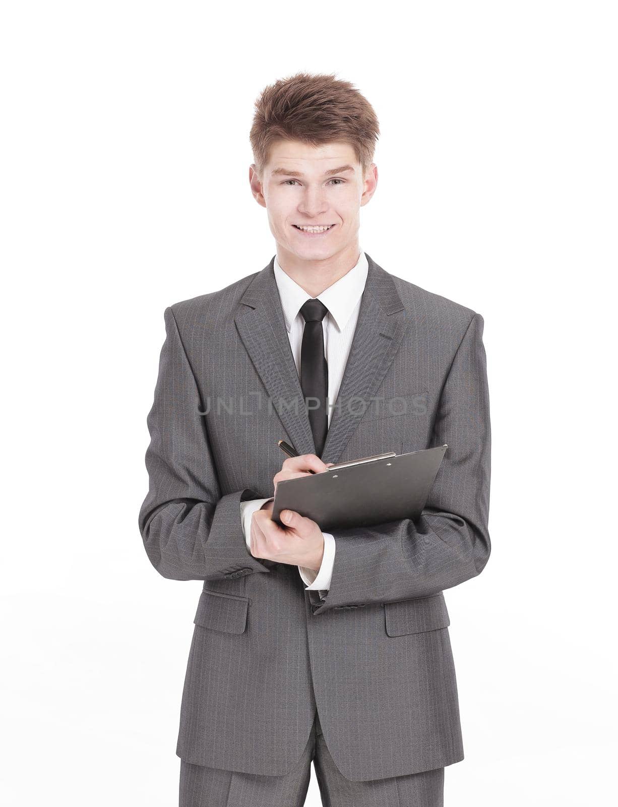 handsome businessman looking at wrist watch.isolated on a white background.