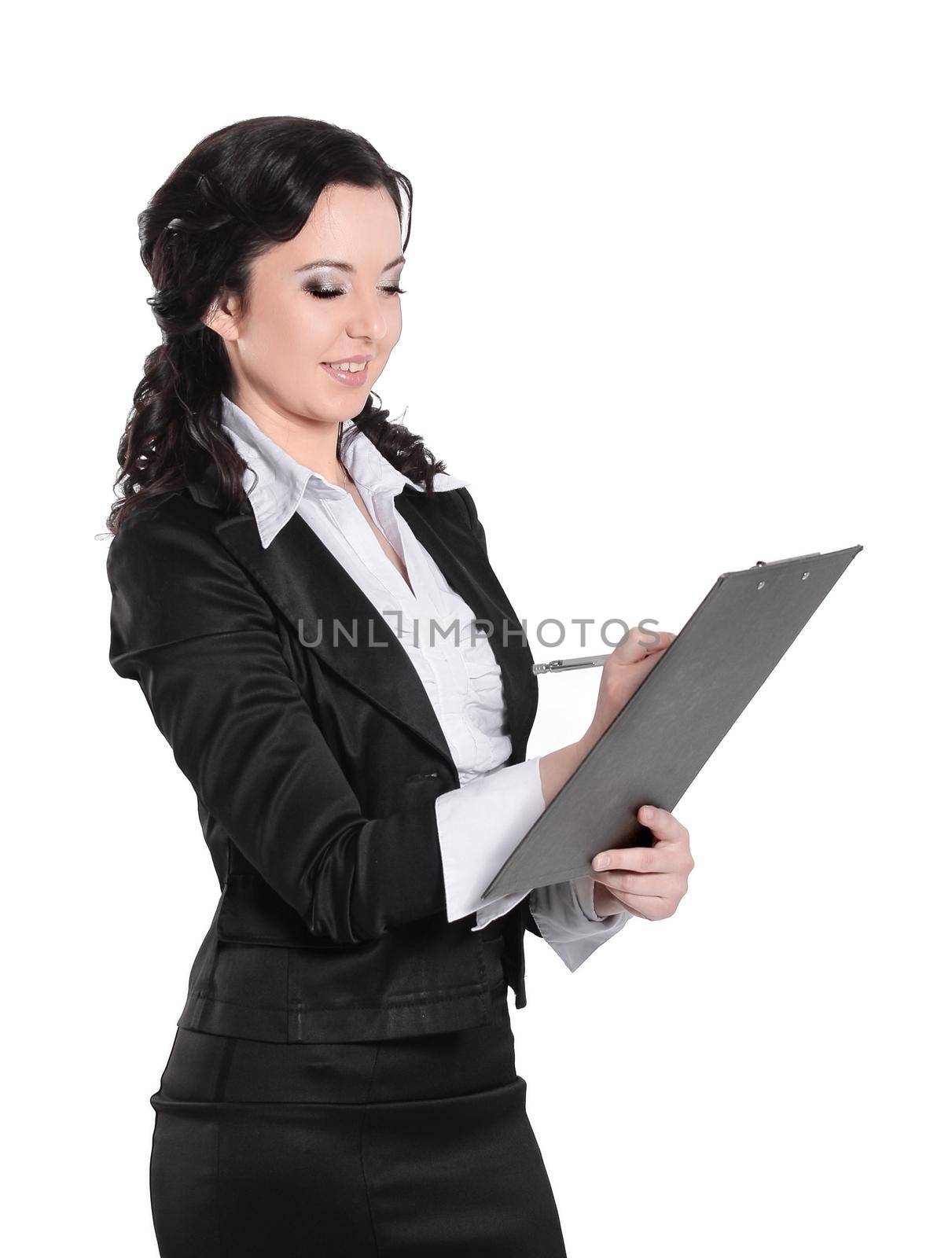 business woman signing business document.isolated on white.