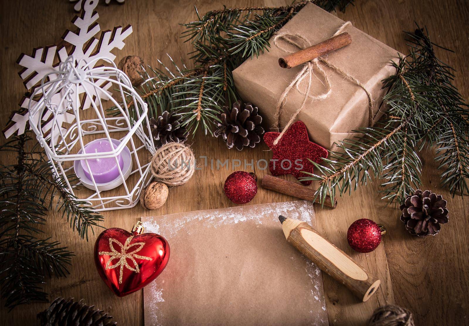 greeting card and pencil in the Christmas background. by SmartPhotoLab