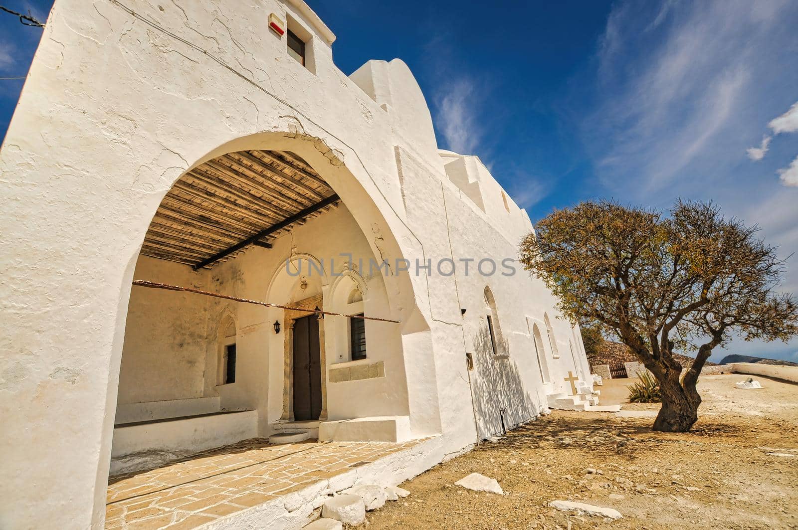 Panagia church, traditional orthodox church with white dome in Folegandros in Greece..