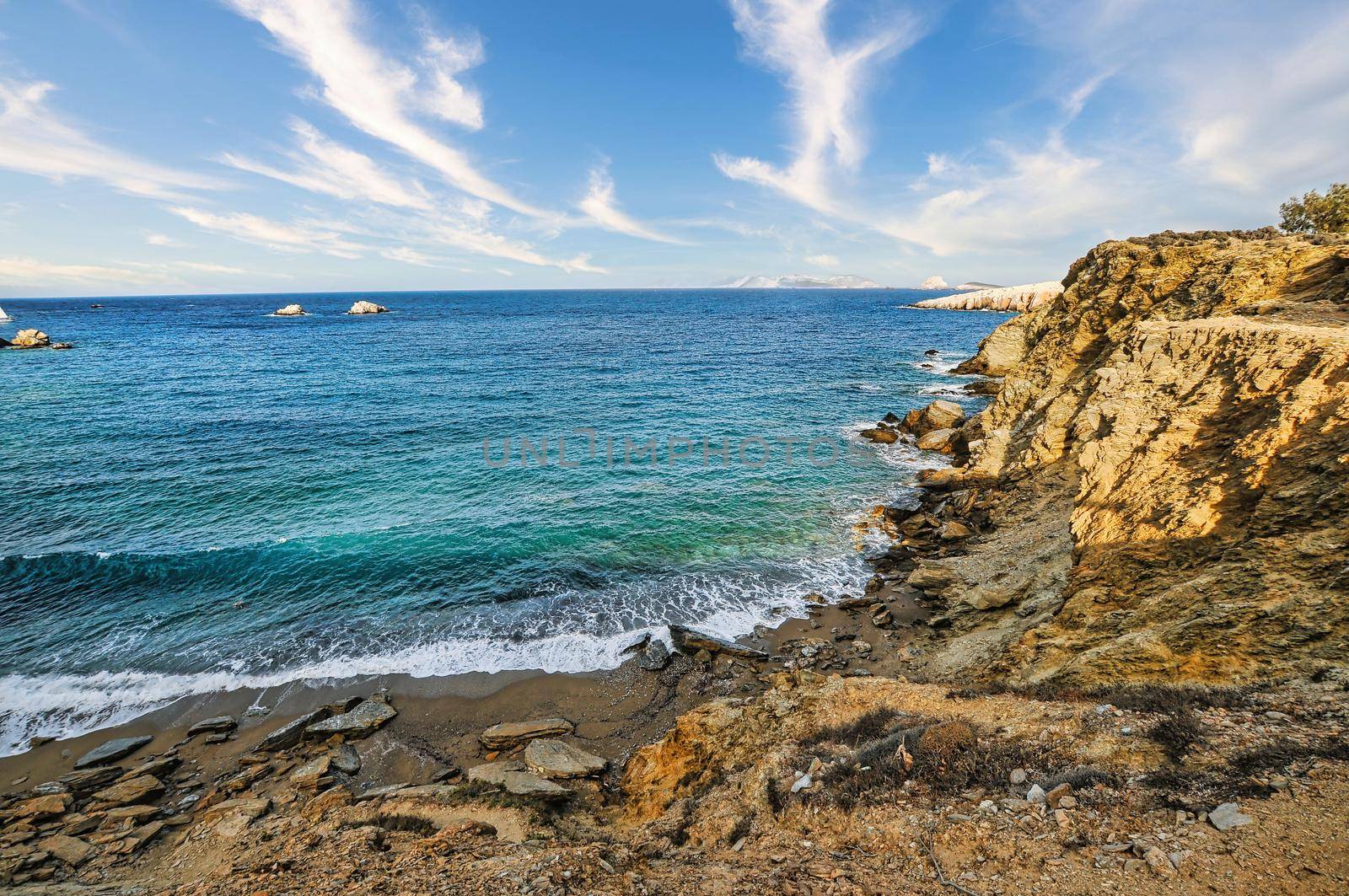 Famous beach of Pountaki in Folegandros island of Greece, perfect for swimming