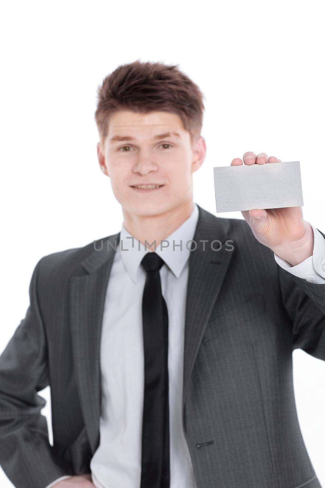 young businessman showing blank business card.isolated on a white by SmartPhotoLab