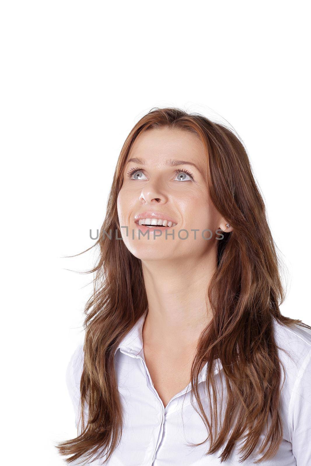 close up.young business woman looking up at copy space isolated on white