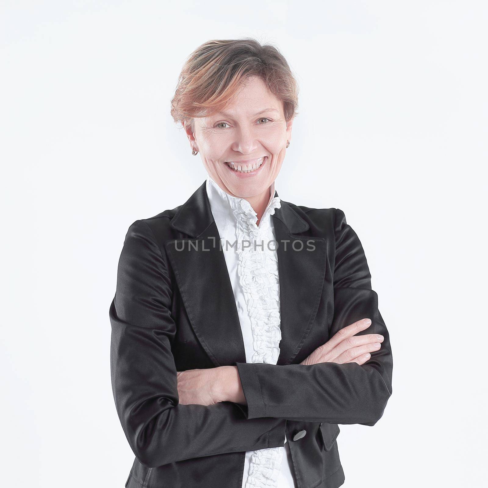 friendly business woman in business suit.isolated on white background.