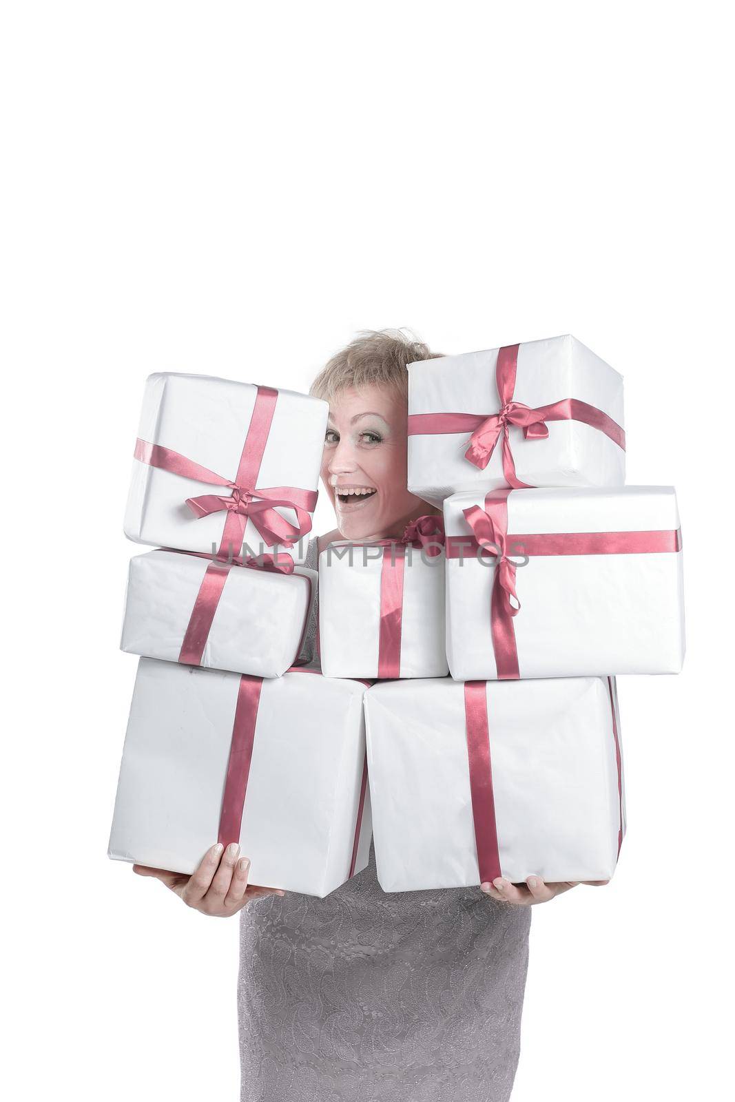 closeup.beautiful woman with gift boxes.isolated on a white by SmartPhotoLab