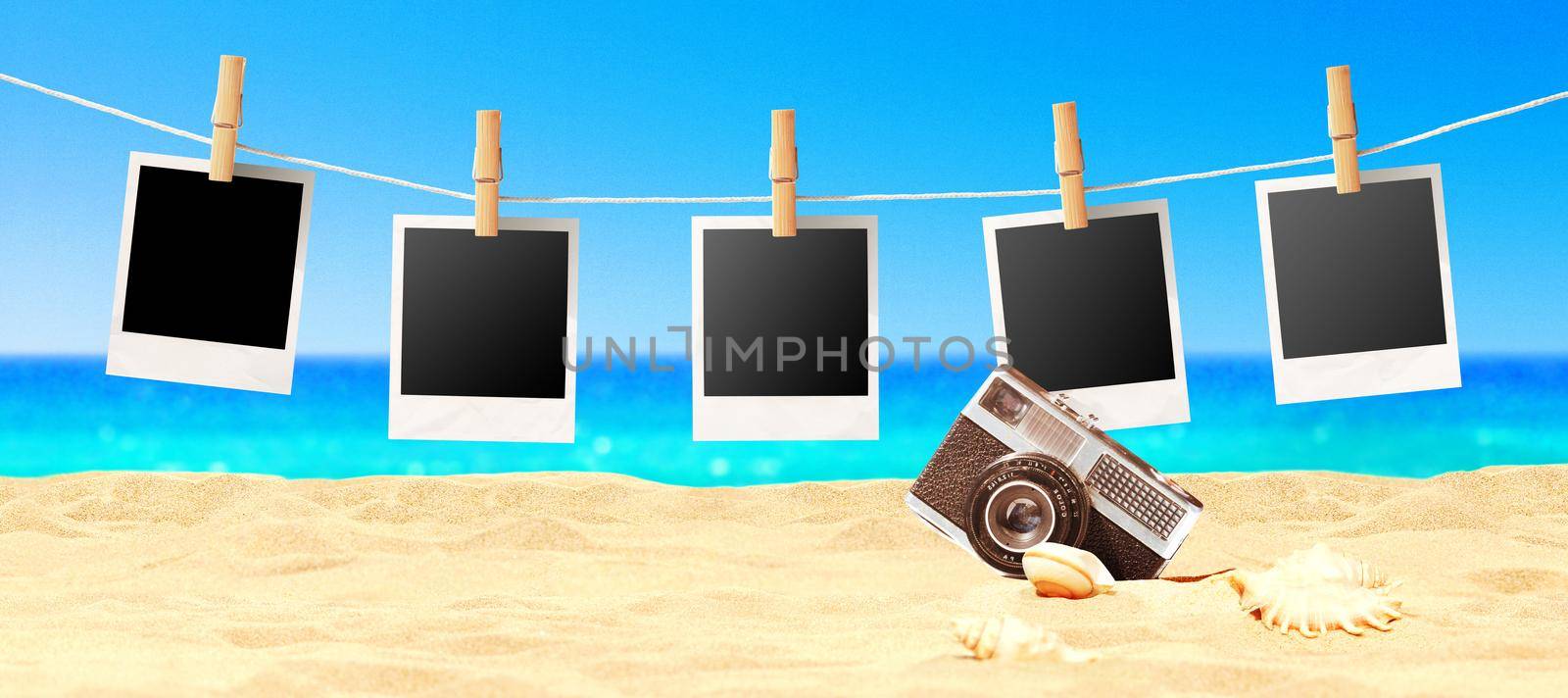 Landscape with photos on tropical beach - summer holiday. by Taut