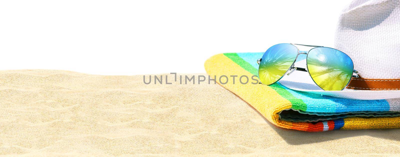 Summer tropical beach background with sunglasses and hat. by Taut