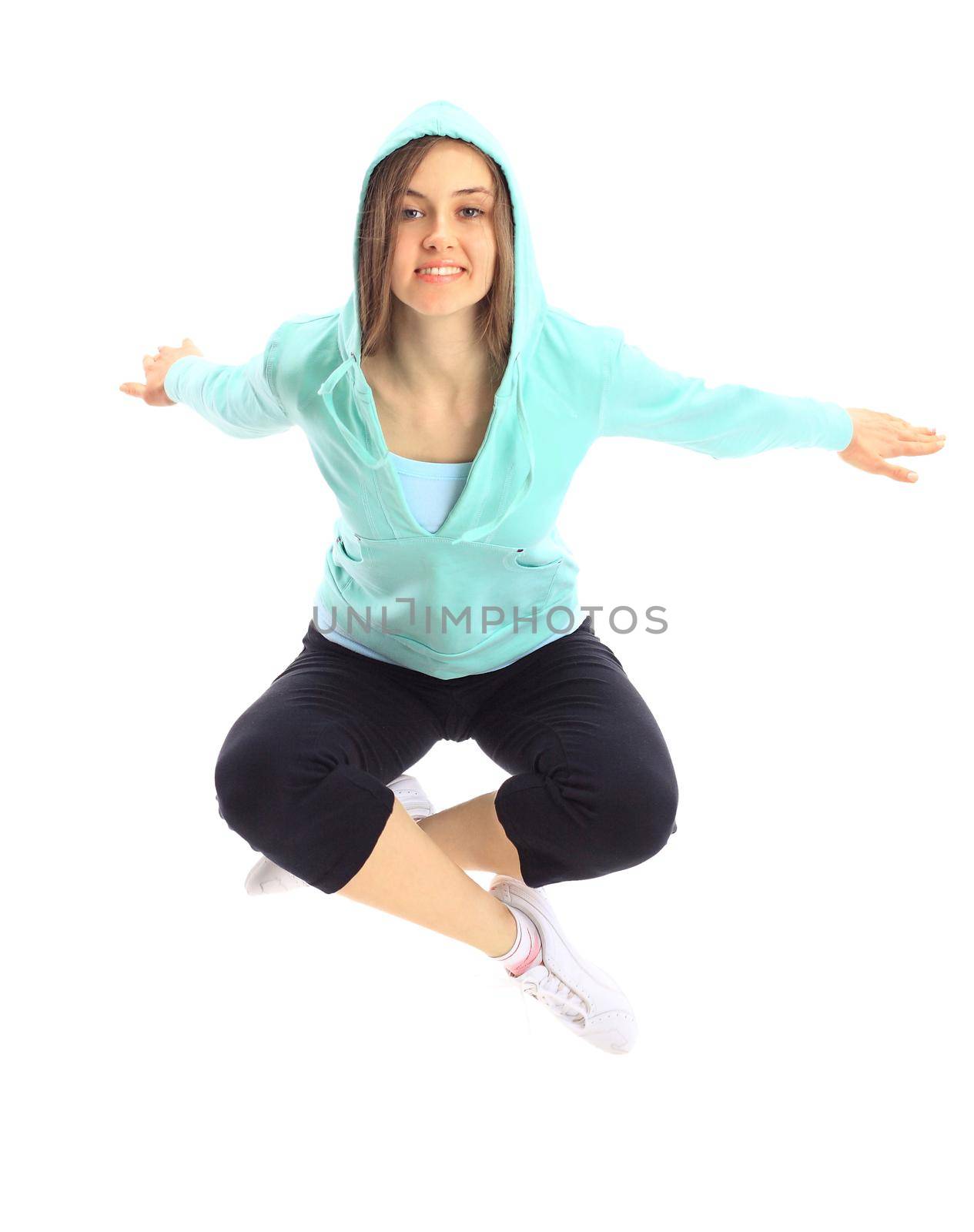 The beautiful young woman plays sports on a white background by SmartPhotoLab