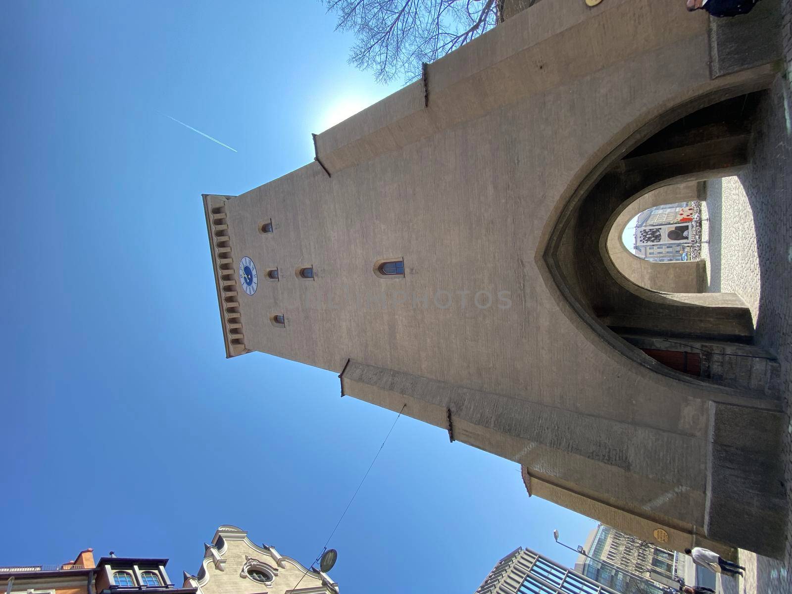 Beautiful german gate tower in munich on a sunny day with blue clear sky