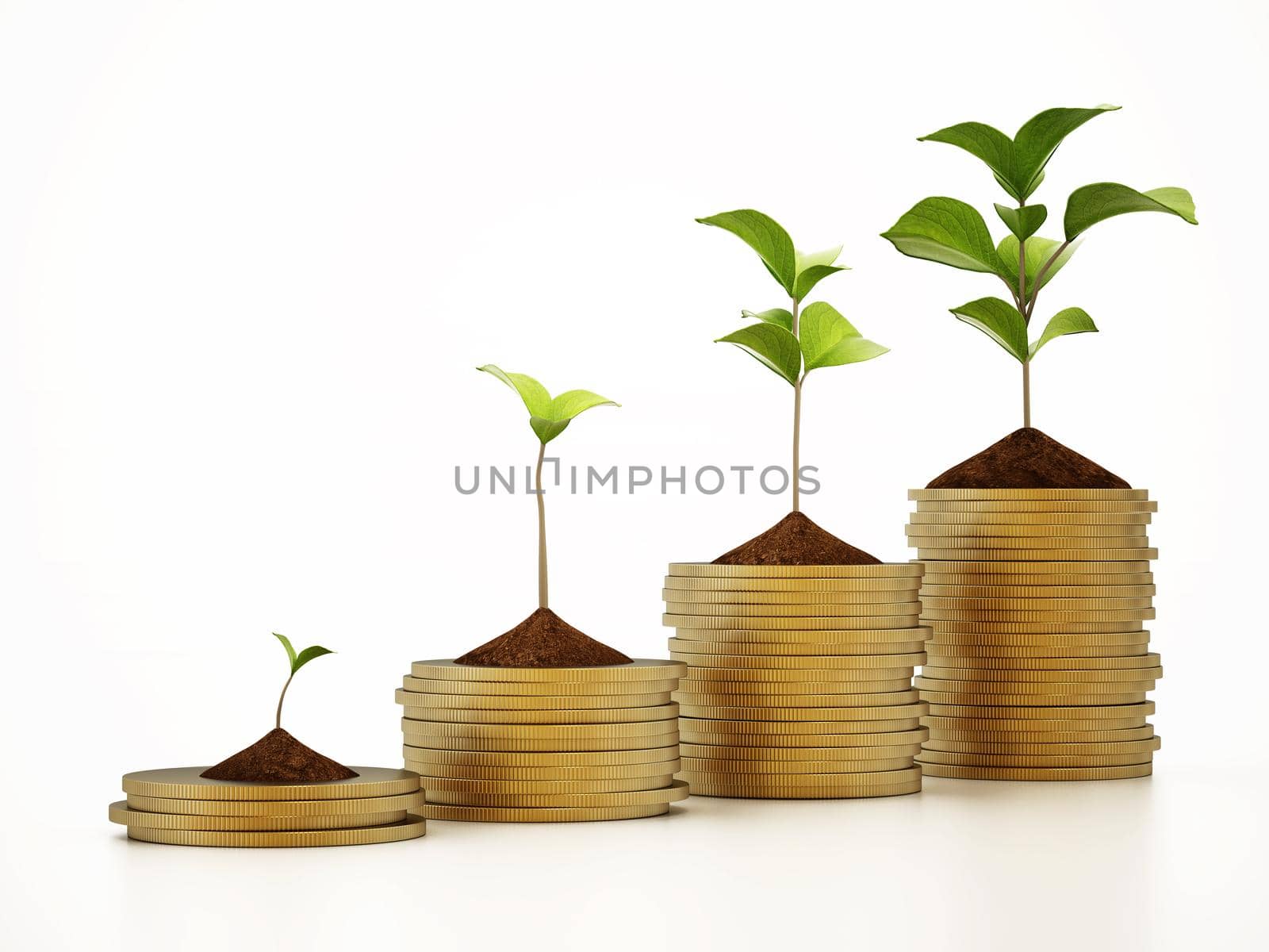 Green sprouts on rising gold coin stacks. 3D illustration by Simsek