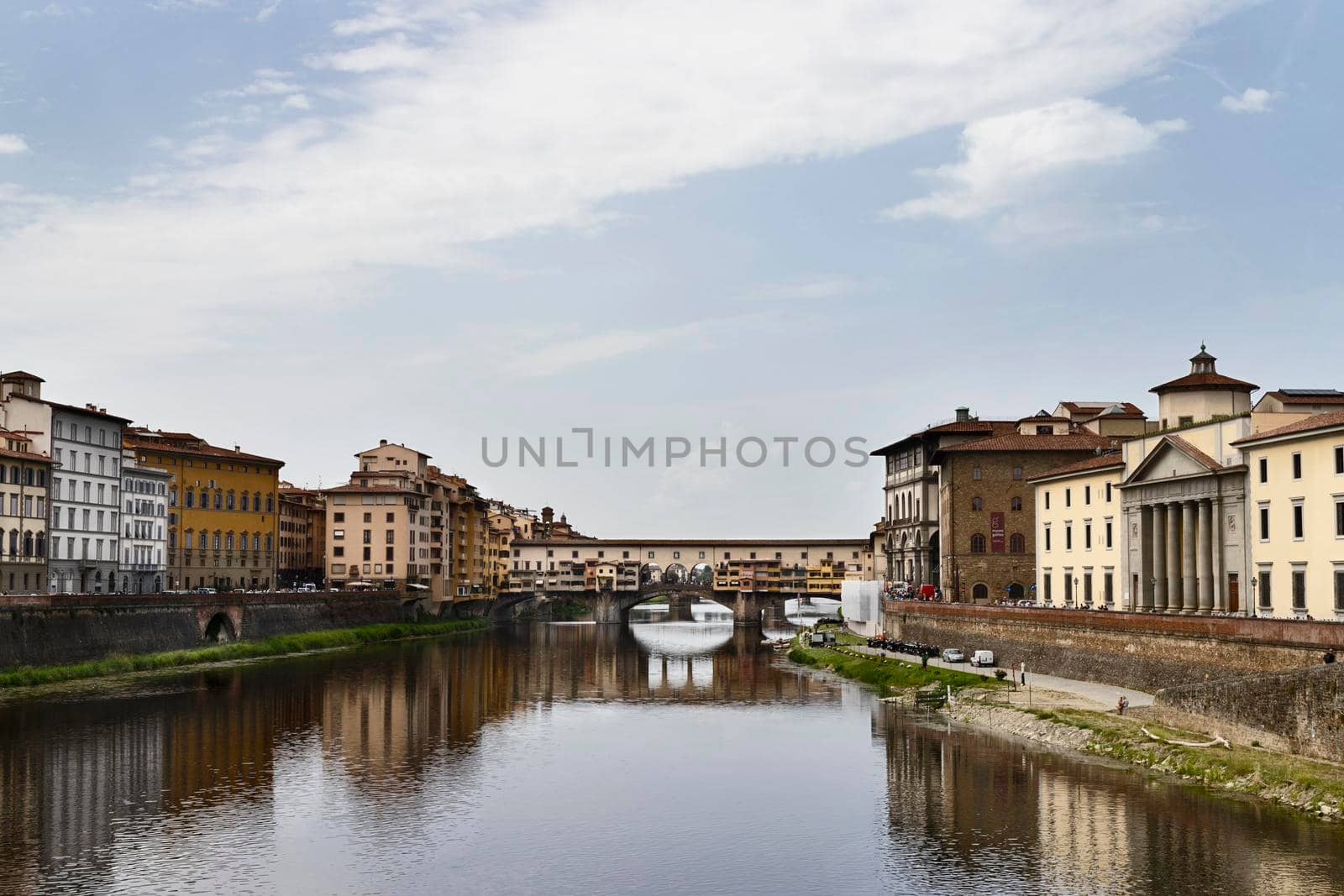 Florence , Arno river  and Ponte Vecchio ,Old bridge , medieval landmark