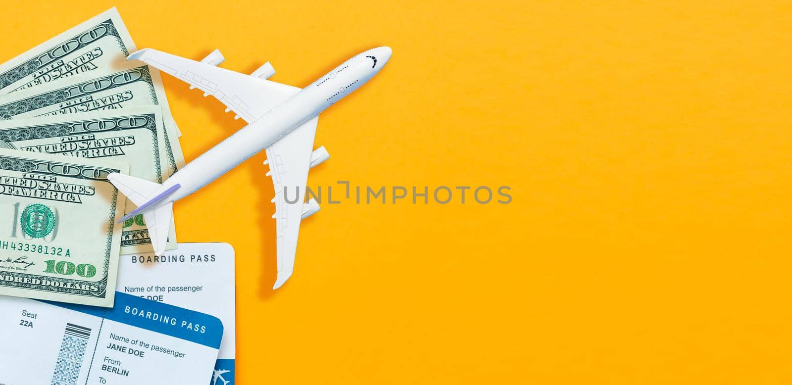 Model plane, airplane on pastel color background. Flat lay design