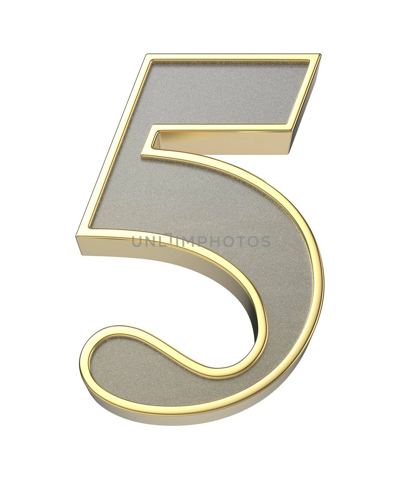 3D illustration of golden number five, isolated on white background