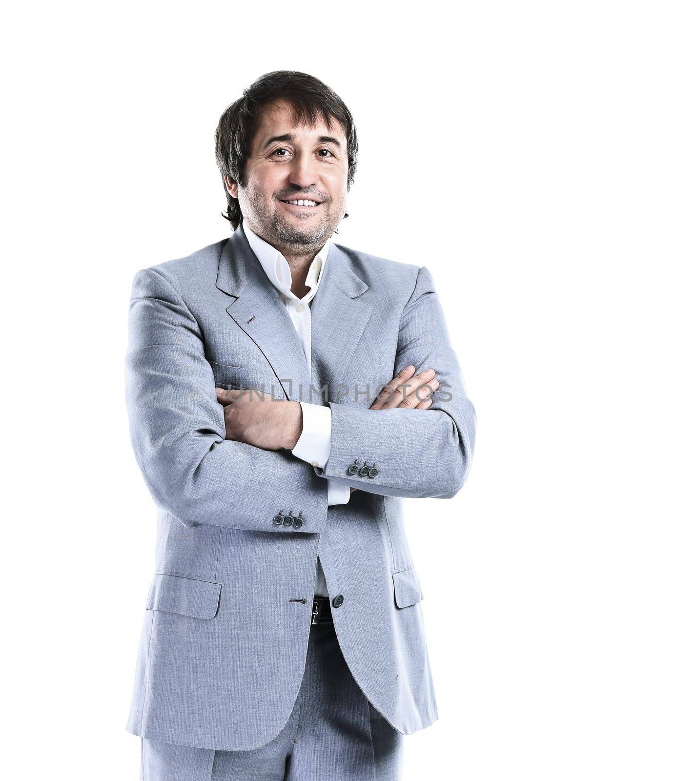 Portrait of happy smiling business man, in isolated over white background