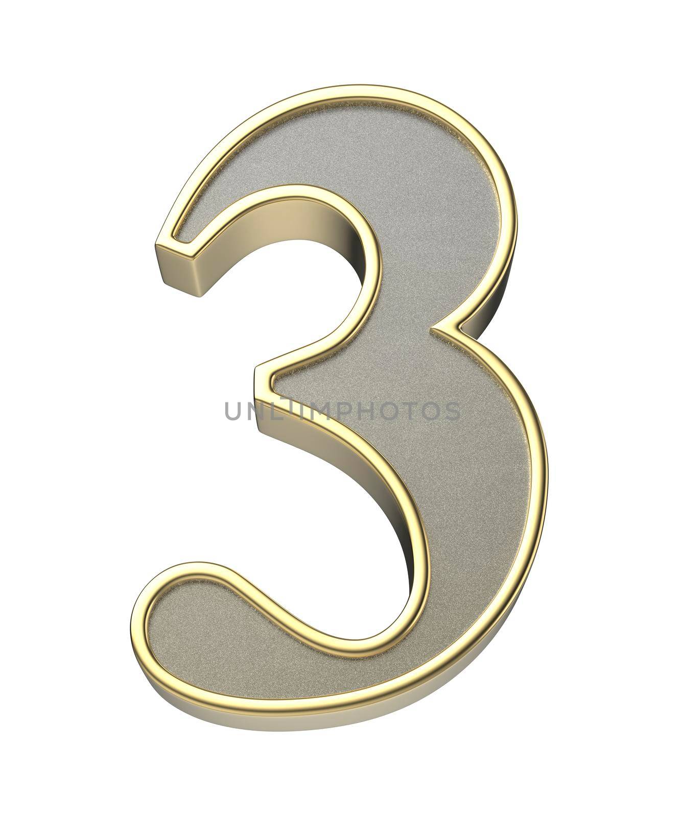 3D illustration of golden number three, isolated on white background