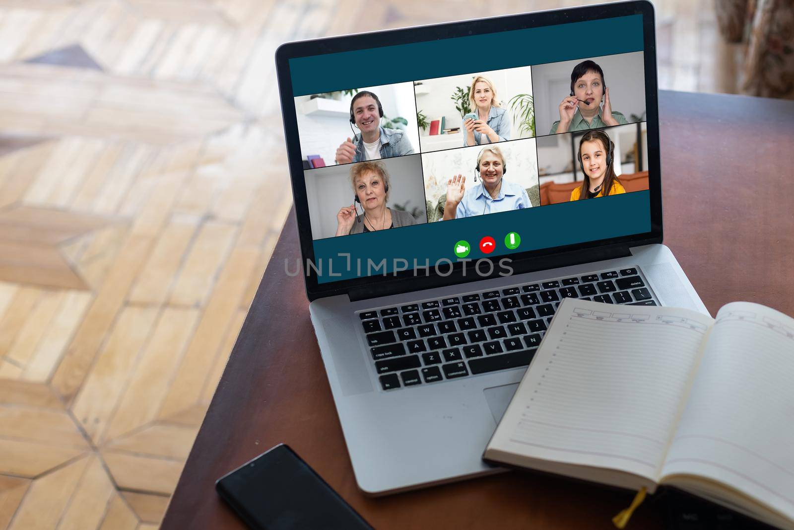 Working From Home, Online Group Videoconference On Laptop by Andelov13