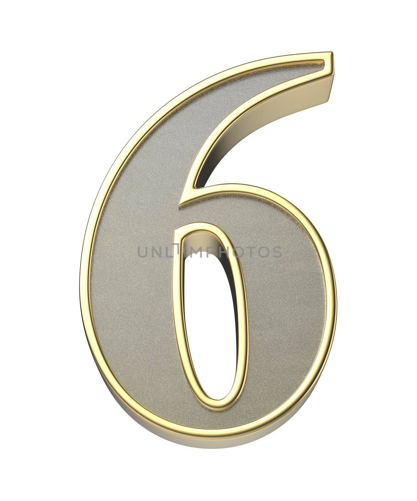 3D illustration of golden number six, isolated on white background