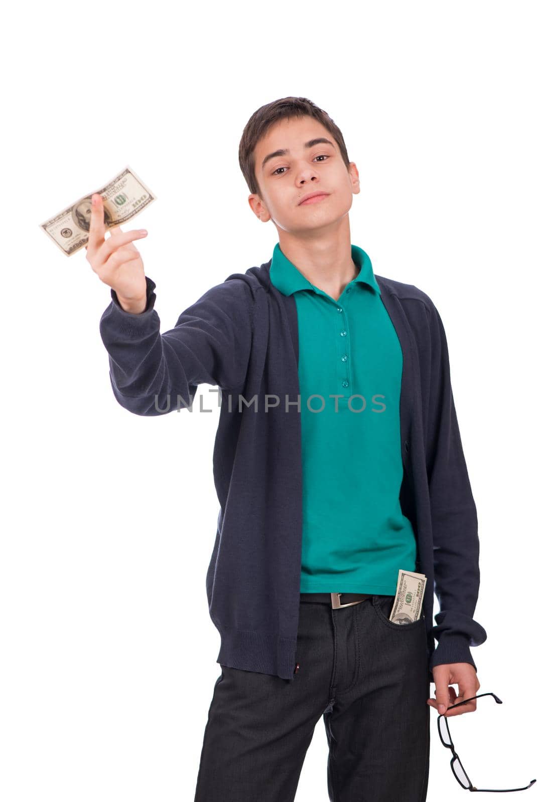 financial, planning, childhood and concept - smiling boy holding dollar cash money in his hand over white background by aprilphoto