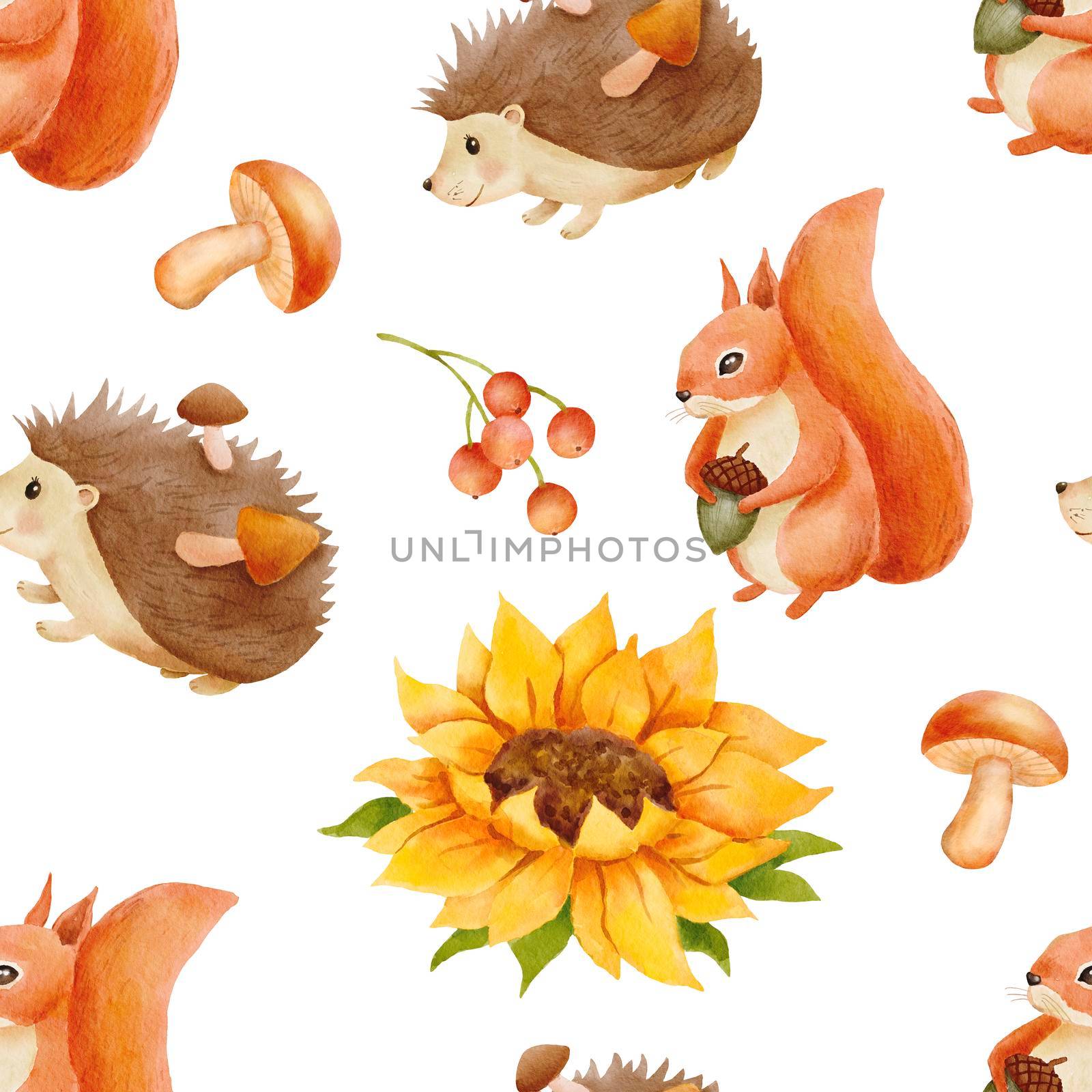 Seamless watercolor pattern with autumn berry, mushrooms and sunflowers. Fall season endless background with cute forest characters on white by ElenaPlatova