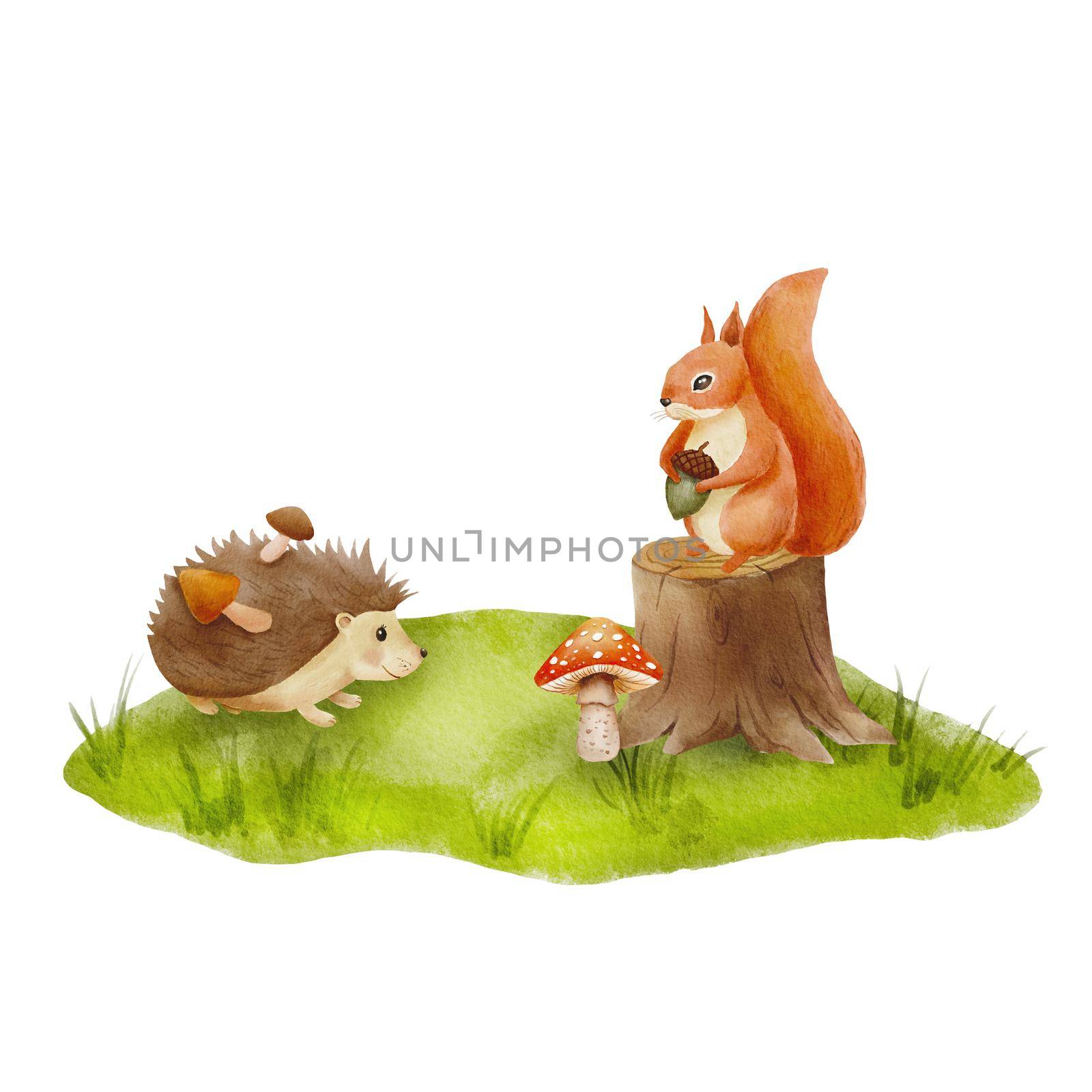 Watercolor hand drawn composition with woodland animals. Squirrel and hedgehog with mushrooms on forest clearing and stump. Fall season illustration for kids on white