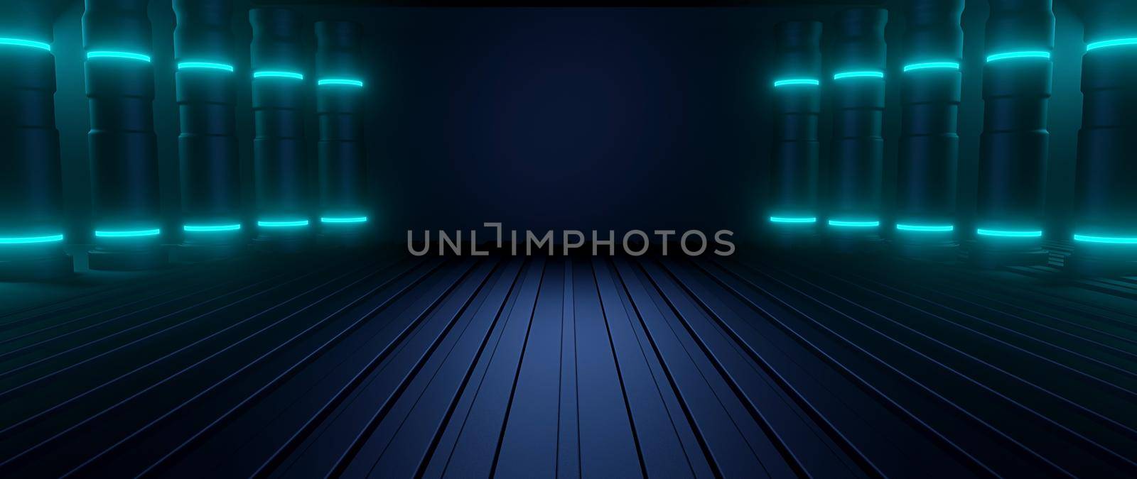 SciFi Fantasy Metallic Basement Underground Hall Spotlight Dark Blue Banner Background Wallpaper 3D Illustration