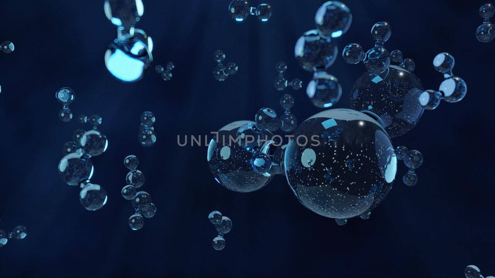 Abstract blue connected glass bubbles molecule background. Abstraction, water concept. 3D Rendering