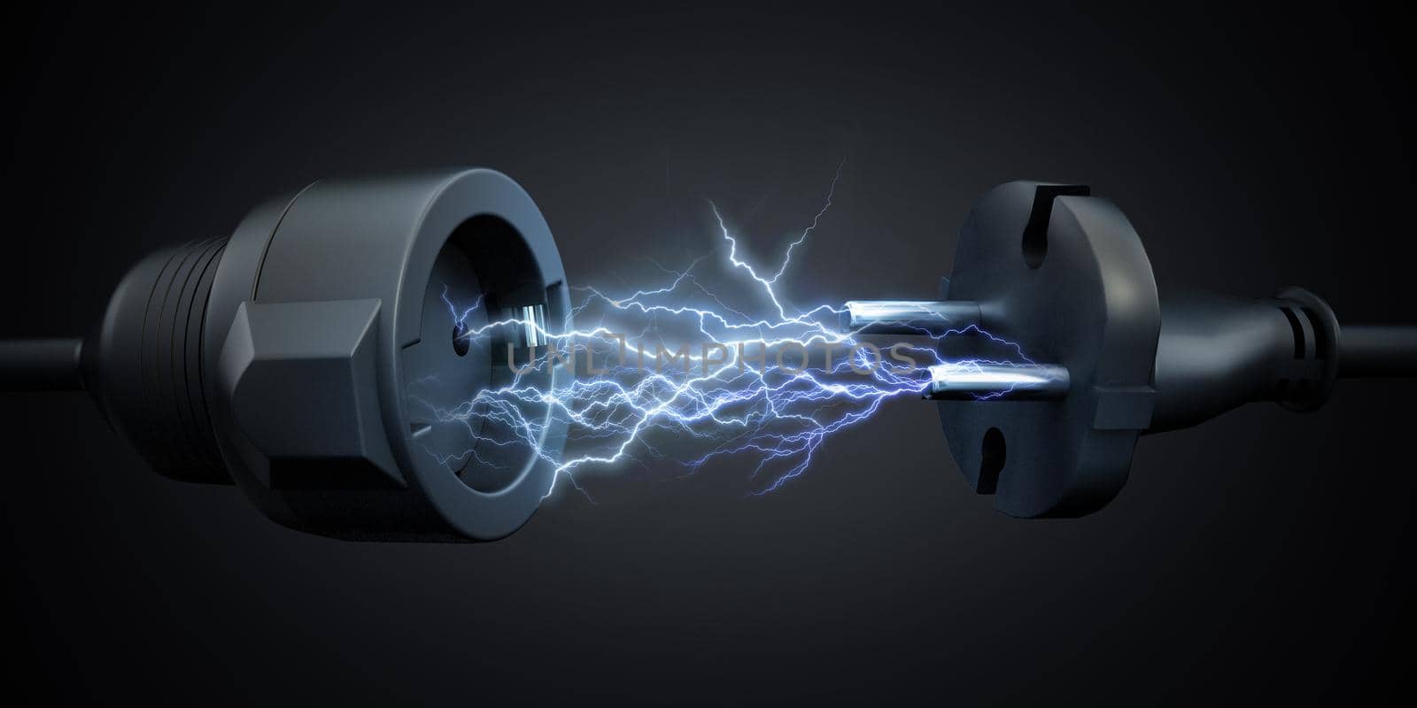 Lightnings between electric plug and power socket. Electrical energy concept. 3D illustration.