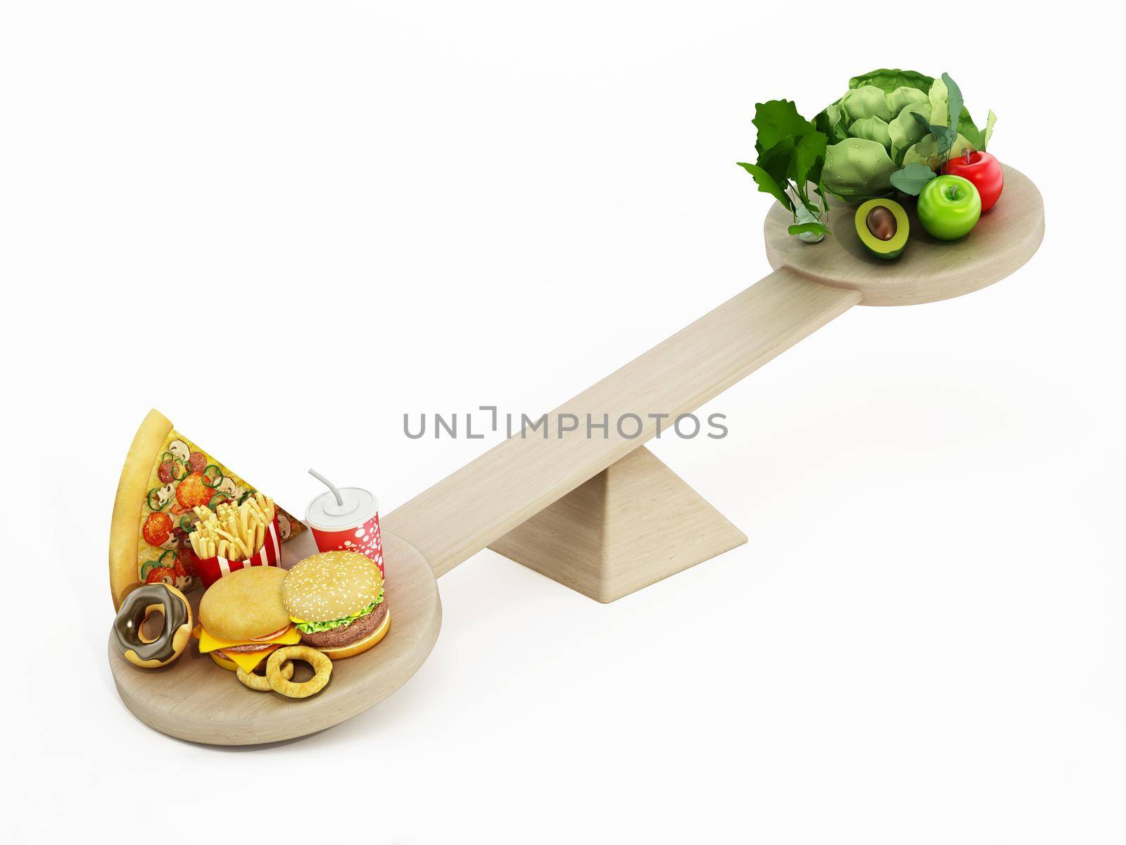 Fast food versus healthy food standing at two ends of the seesaw. 3D illustration by Simsek