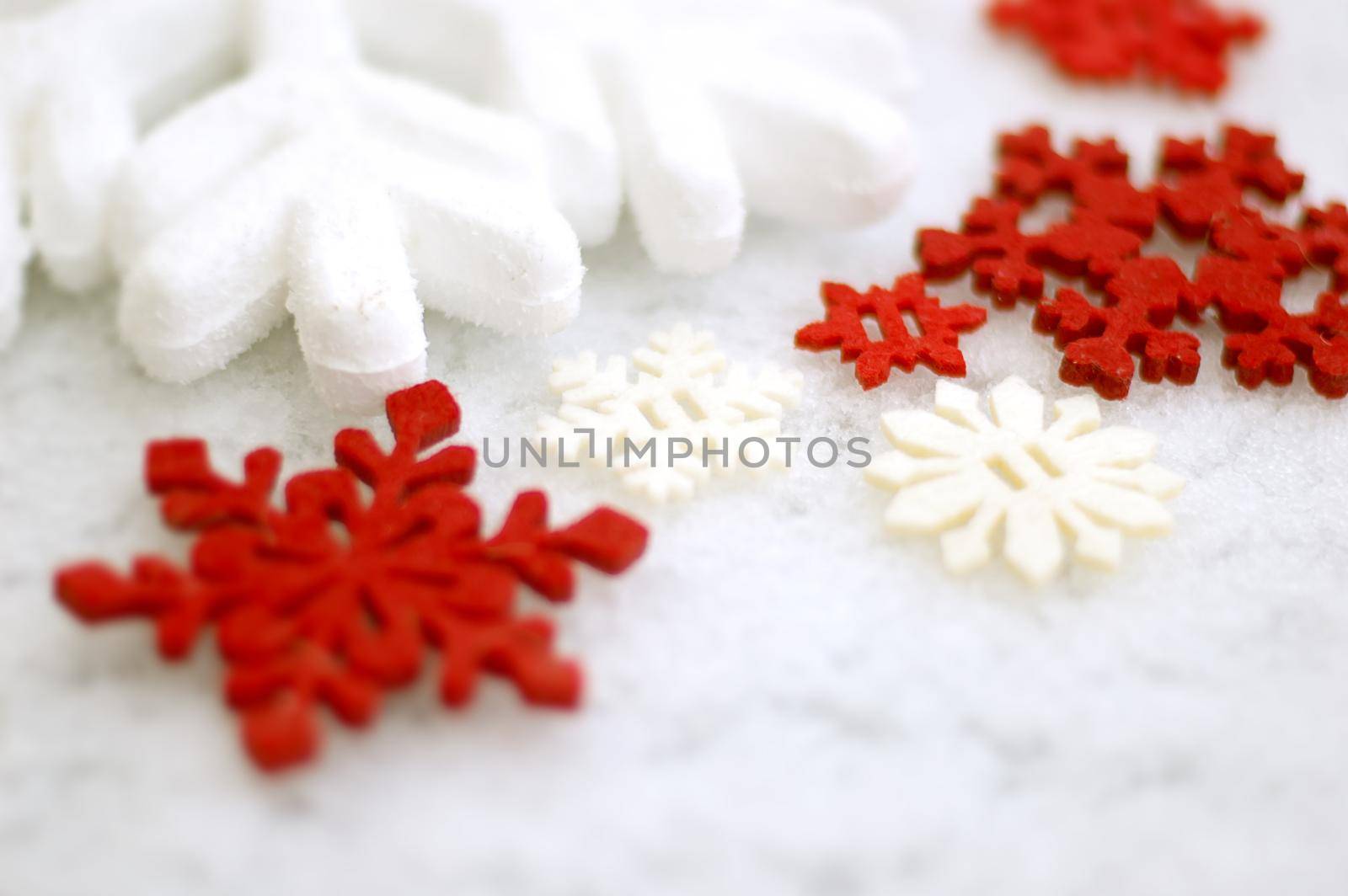 winter decor snowflakes white and red. High quality photo