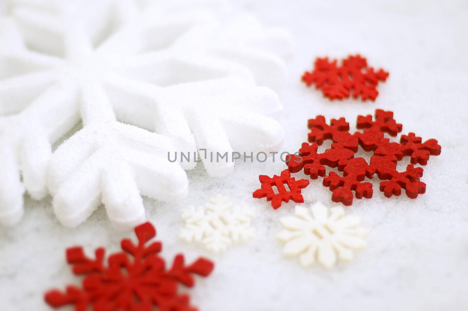 winter decor snowflakes white and red. High quality photo