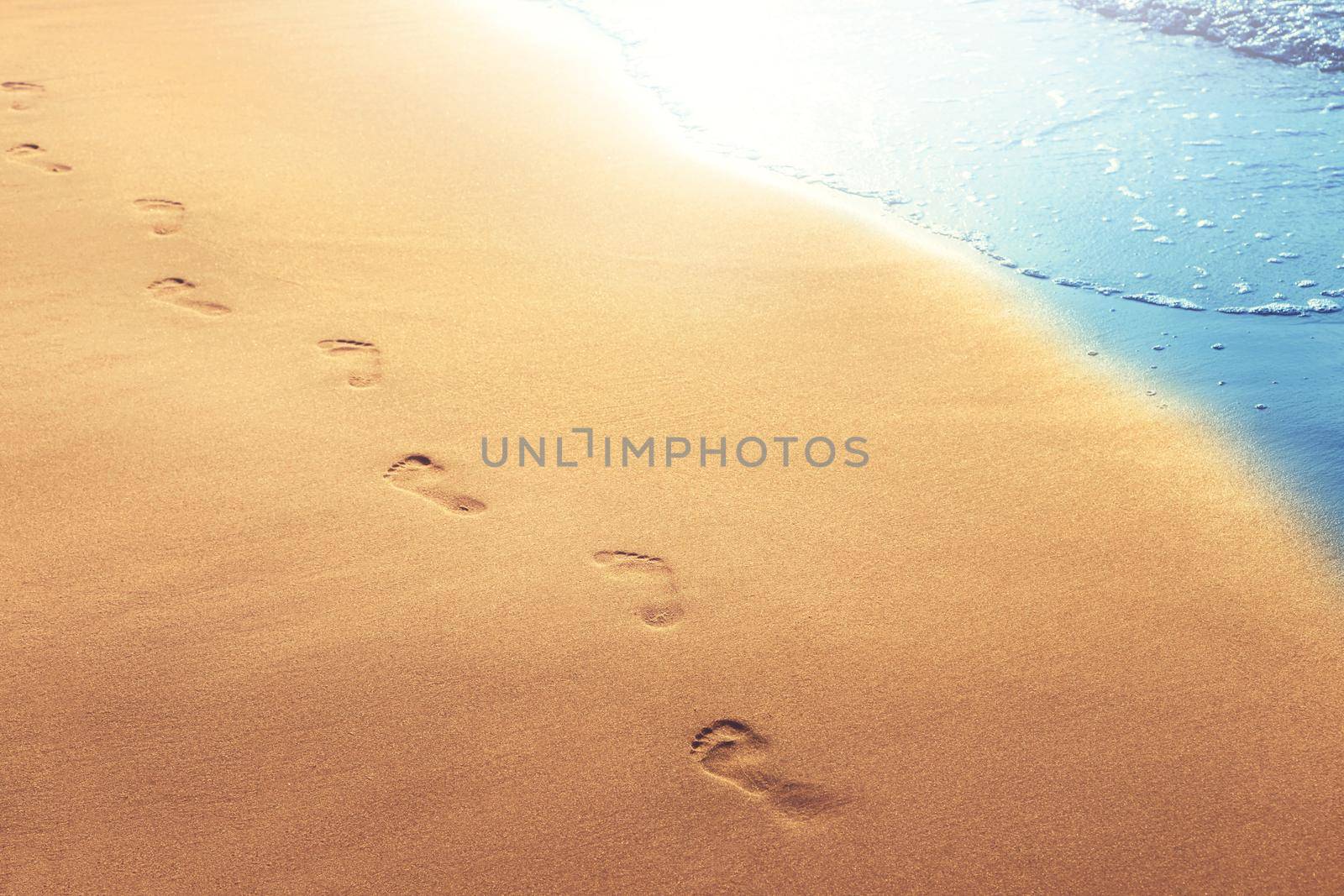 Detail of human feet in the golden sand at the beach. Summer travel and vacation concept.