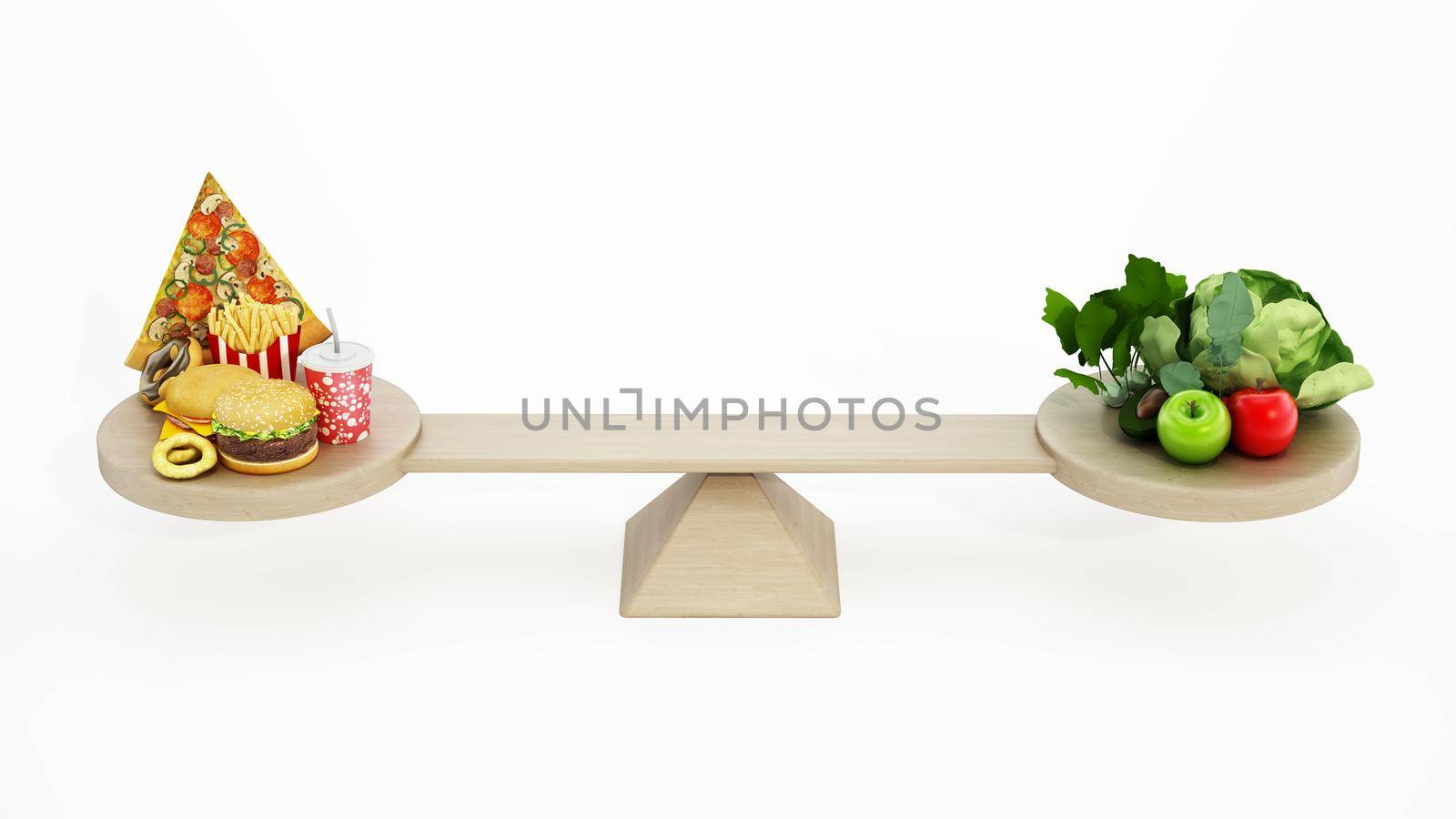 Fast food versus healthy food standing in balance at two ends of the seesaw. 3D illustration by Simsek