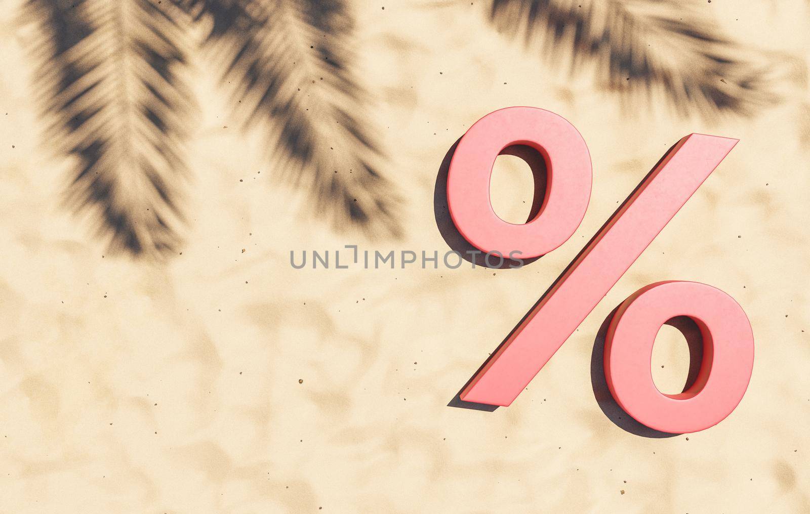 Top view 3D rendering of pink percent symbol on sandy beach near palm tree leaves shadow on sunny day