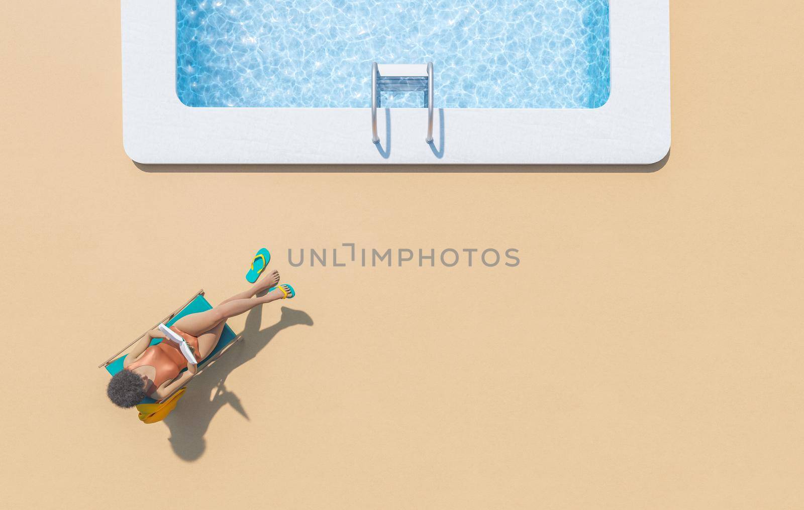 Top view 3D rendering of unrecognizable African American female tourist relaxing on deckchair at poolside and reading interesting book during summer holidays