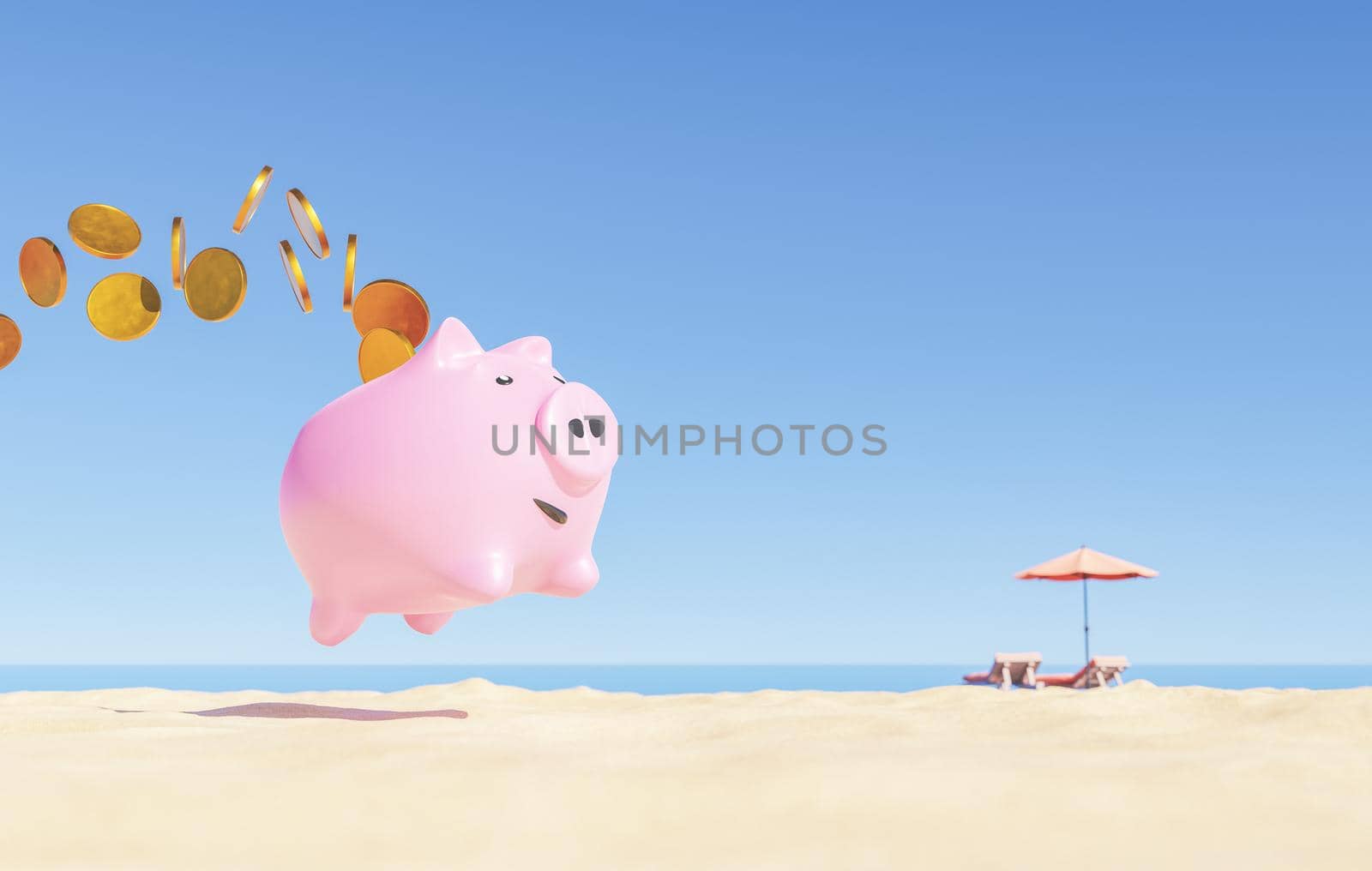 3D rendering of pink piggy bank with golden coins jumping over sandy beach near sunbed and umbrella placed at seafront against cloudless blue sky