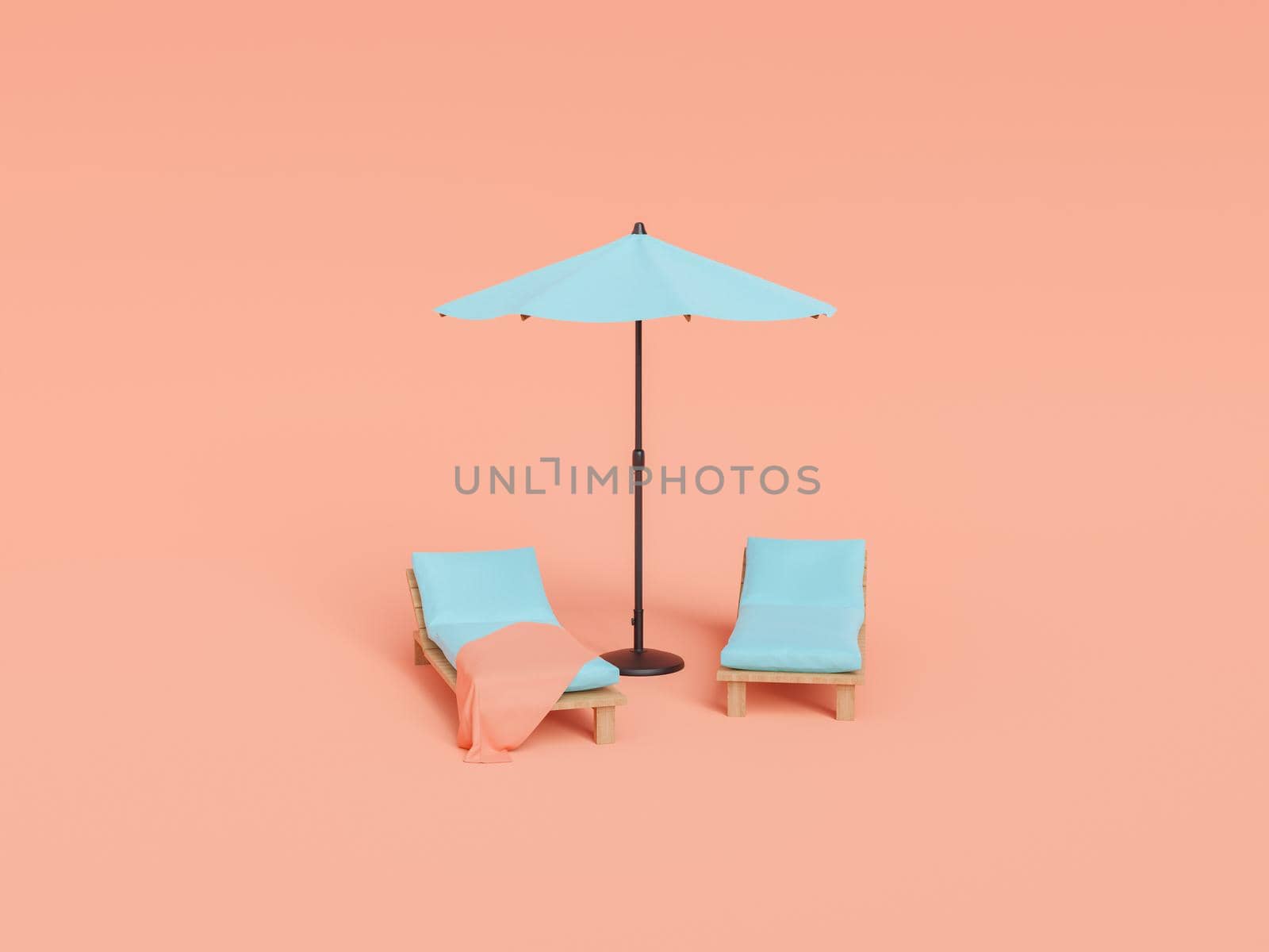 3D rendering of wooden deckchairs with soft comfortable mattresses with blanket and parasol placed against pink background