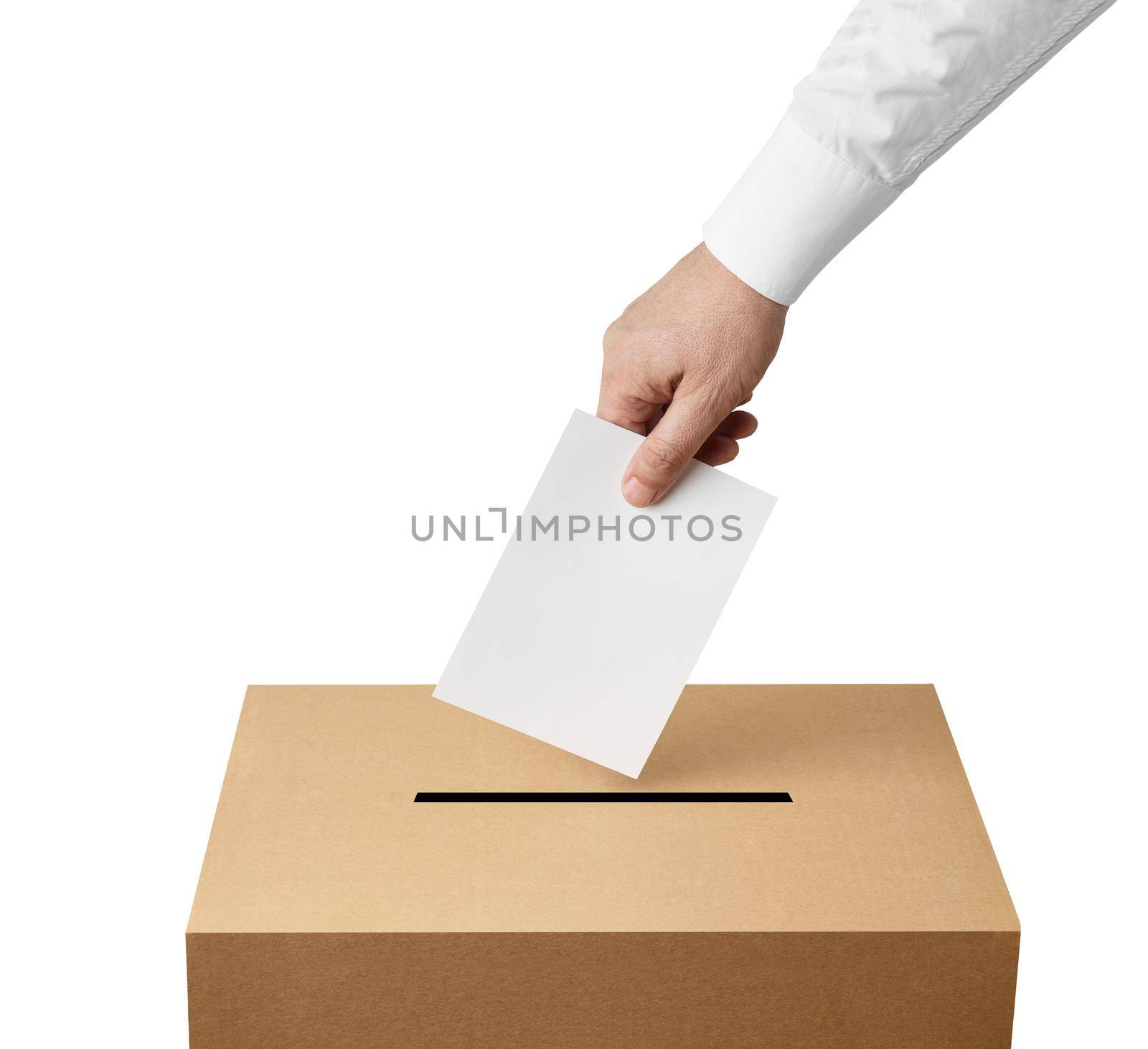 close up of a ballot box and casting vote on white background