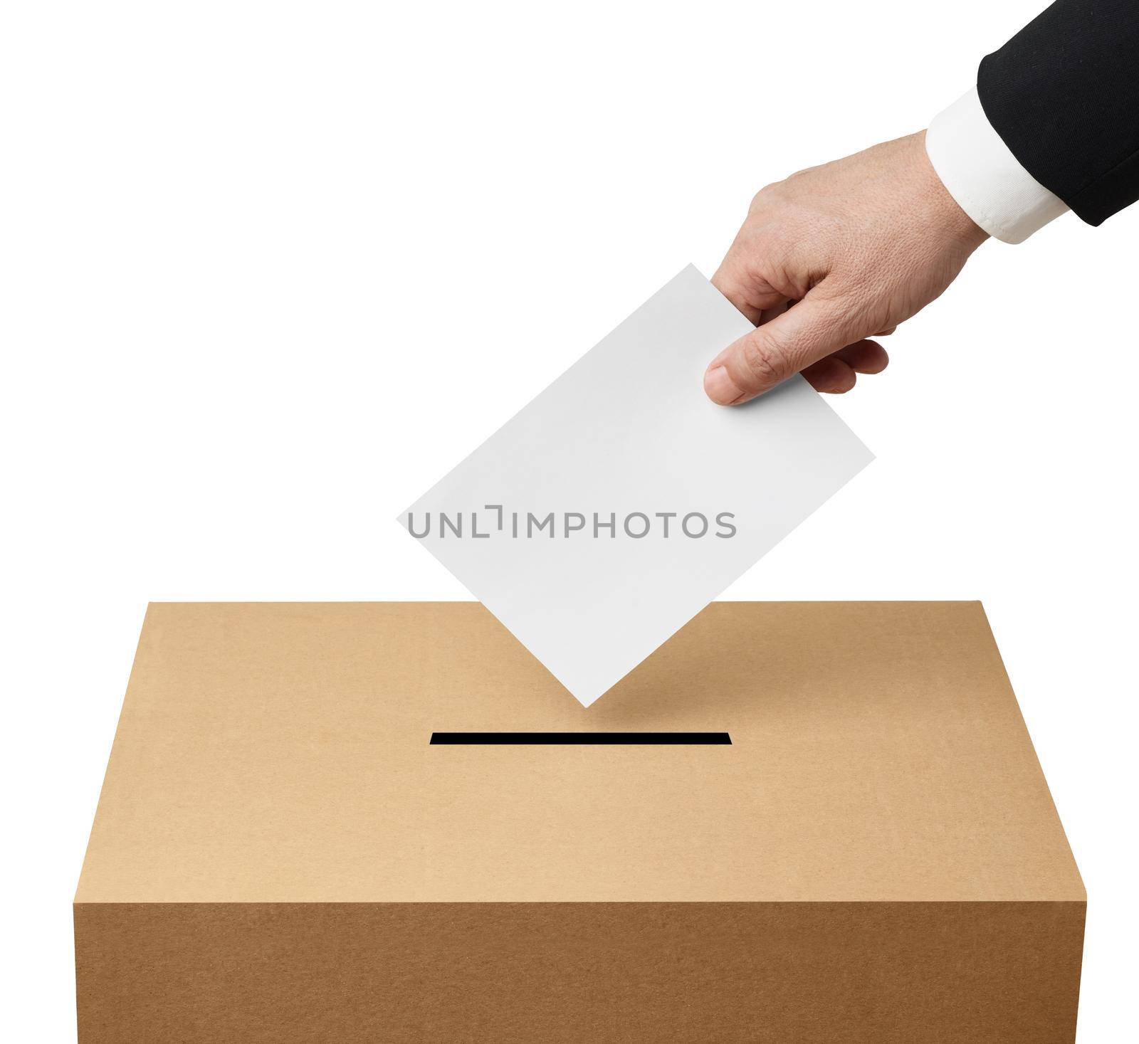 close up of a ballot box and casting vote on white background