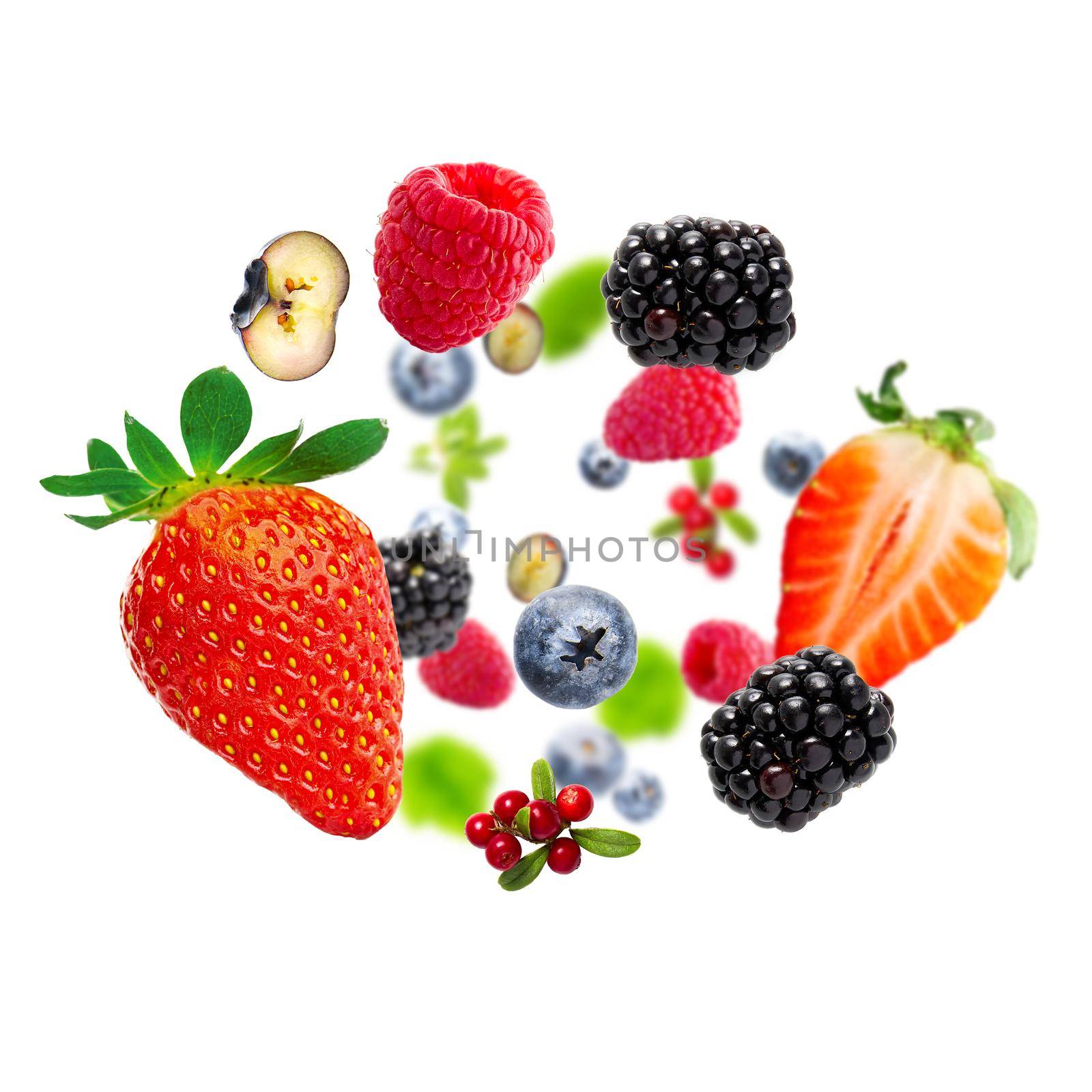 Summer Berries on white background. Strawberry, blueberry, raspberry, blackberry. summer background. ripe juicy berries