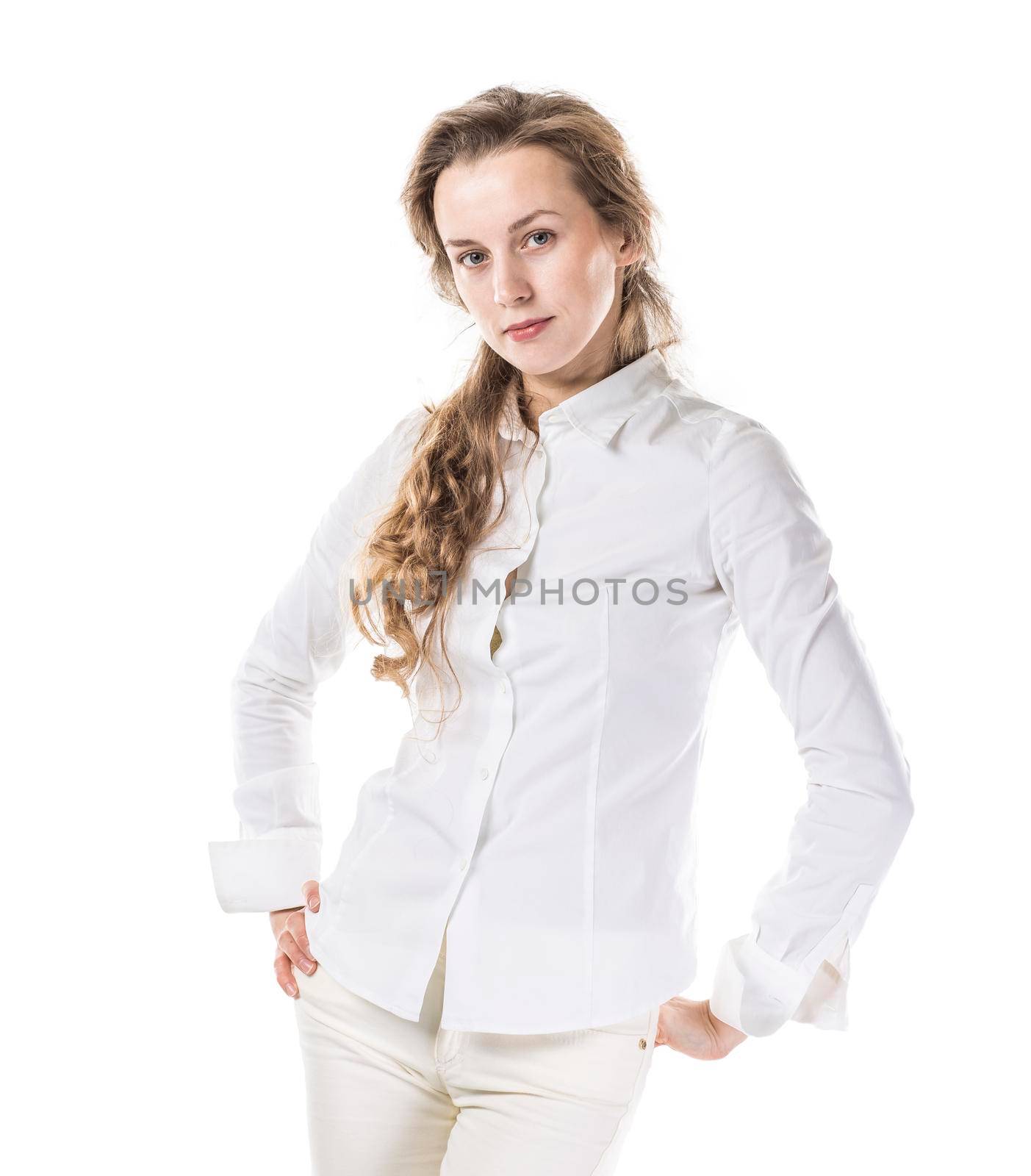 portrait of successful business woman in a stylish white pantsuit over a white background by SmartPhotoLab