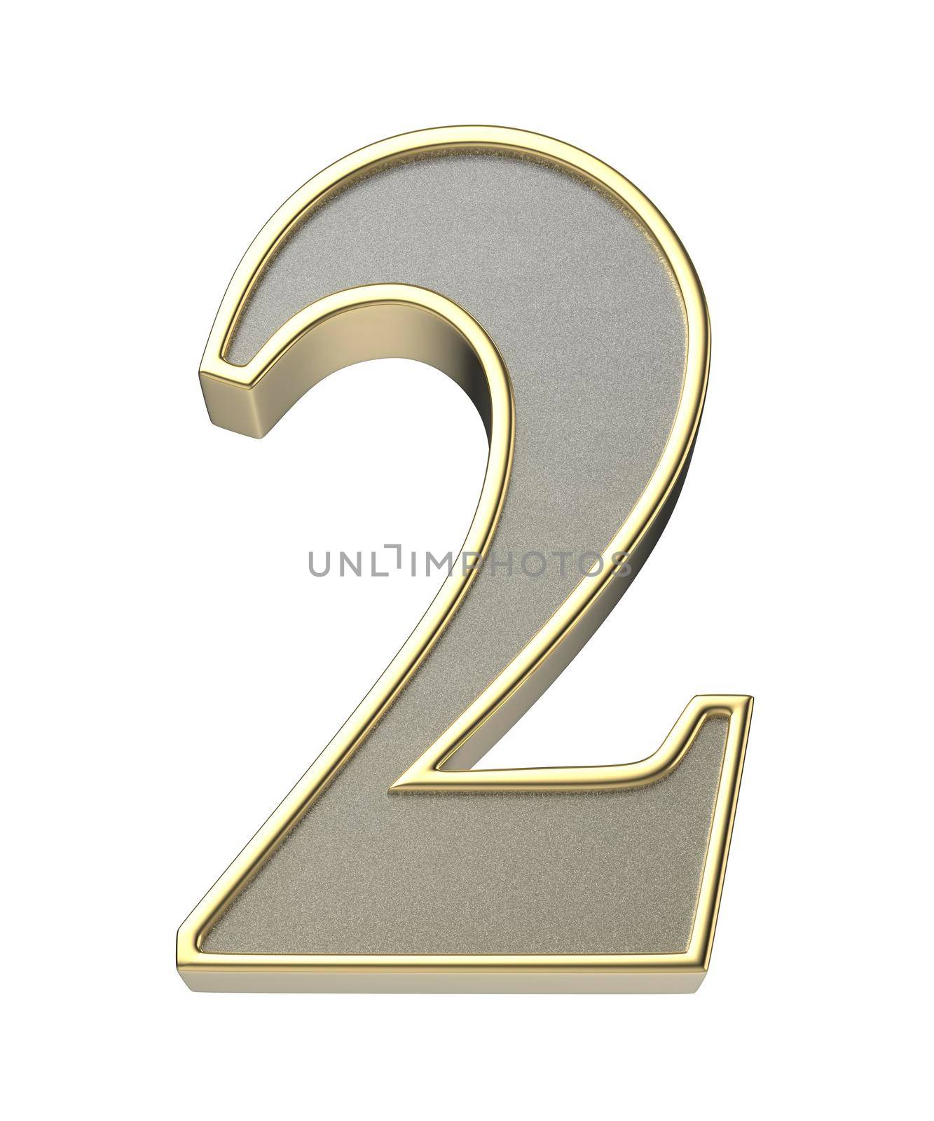 3D illustration of golden number two, isolated on white background
