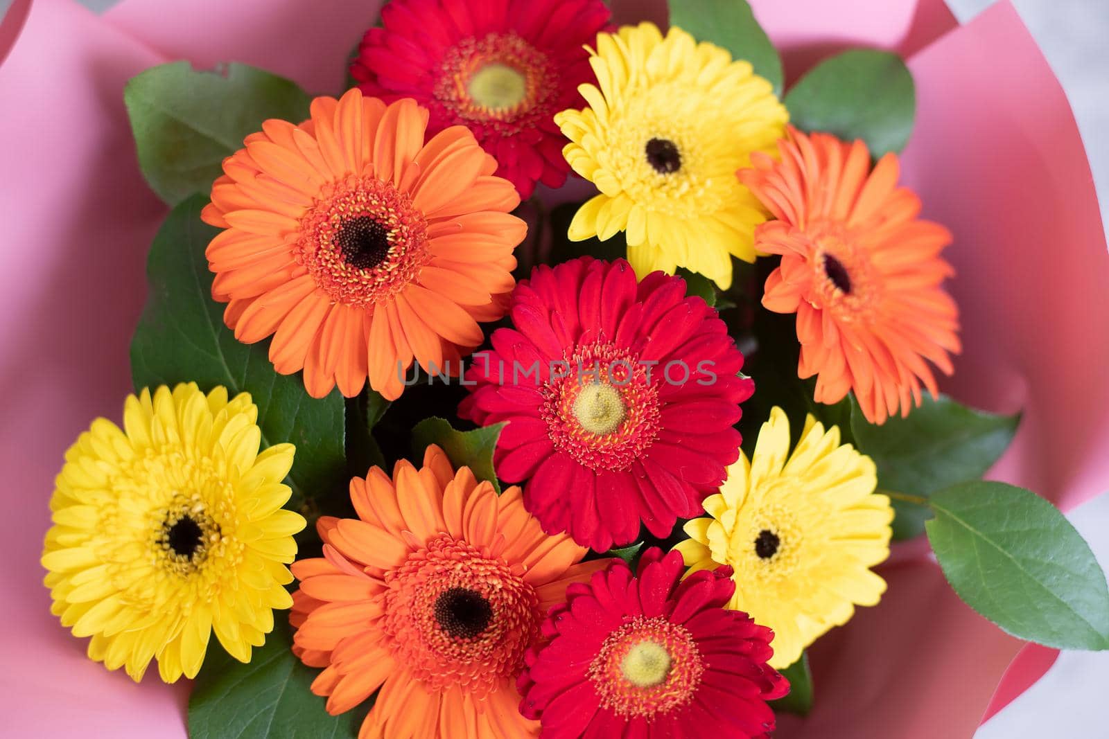 Bouquet of red, yellow and orange gerberas