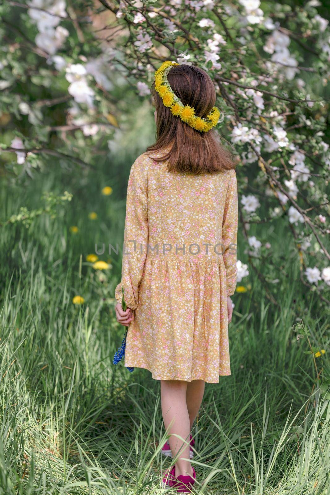 Back rear view Cute little girl wearing flower wreath dandelion outdoors. Adorable girl with dandelion wreath on her head spending time in nature. Floral crown, symbol of summer solstice.