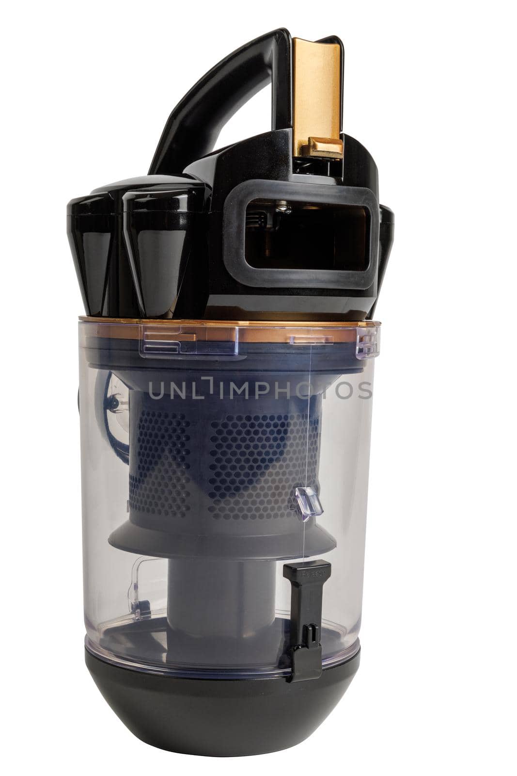 bagless cyclone vacuum cleaner contatiner - unused new and empty, isolated on white background with clipping mask