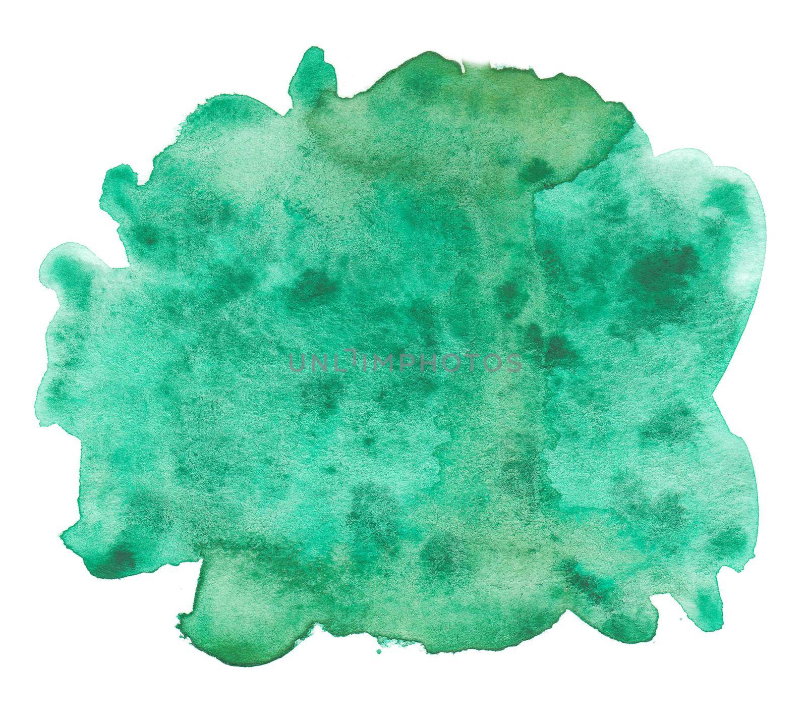 Abstract green watercolor splash texture isolated on white background. Bright sage paint stain drops. Abstract illustration, banner, poster for text, decoration element